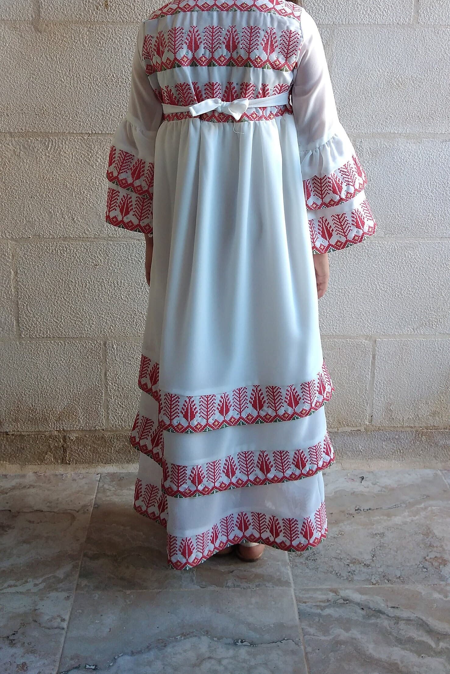 Little Girl Palestinian Embroidered Ruffle White Dress Thobe Kaftan Tatreez. - image 3