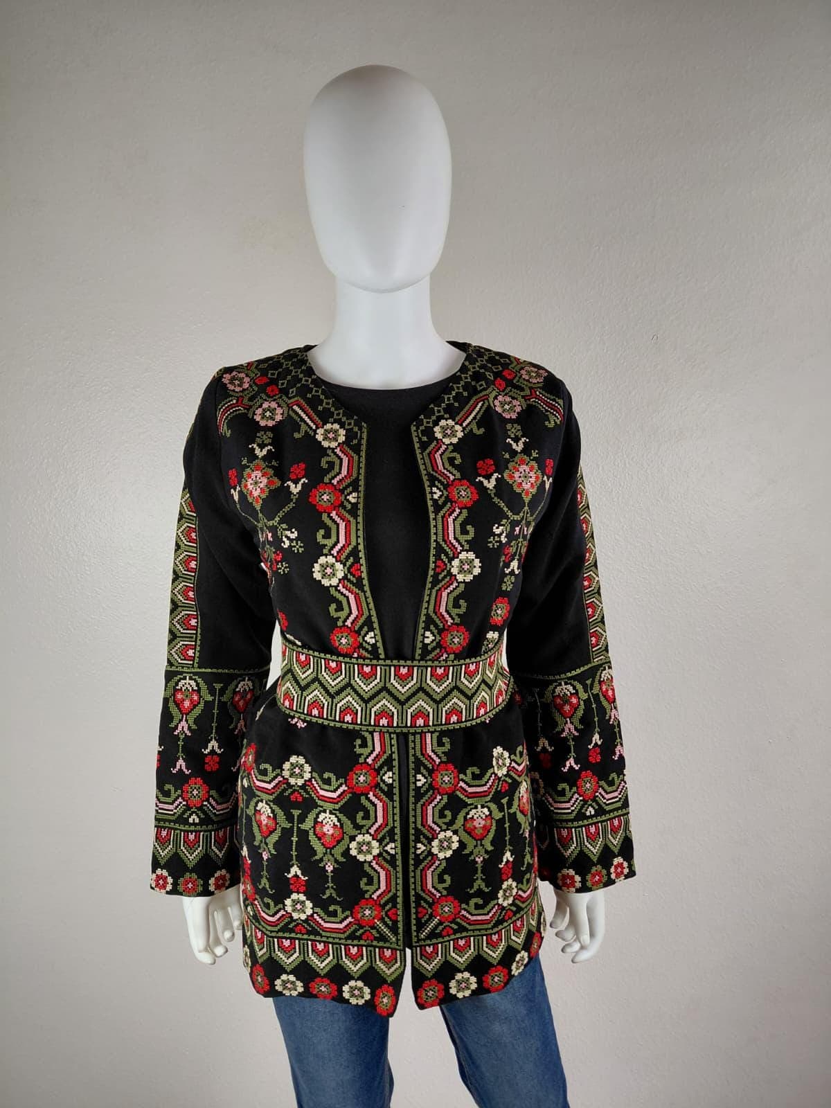 Palestinian Embroidery Tatreez Jacket Green And Black Open Jacket