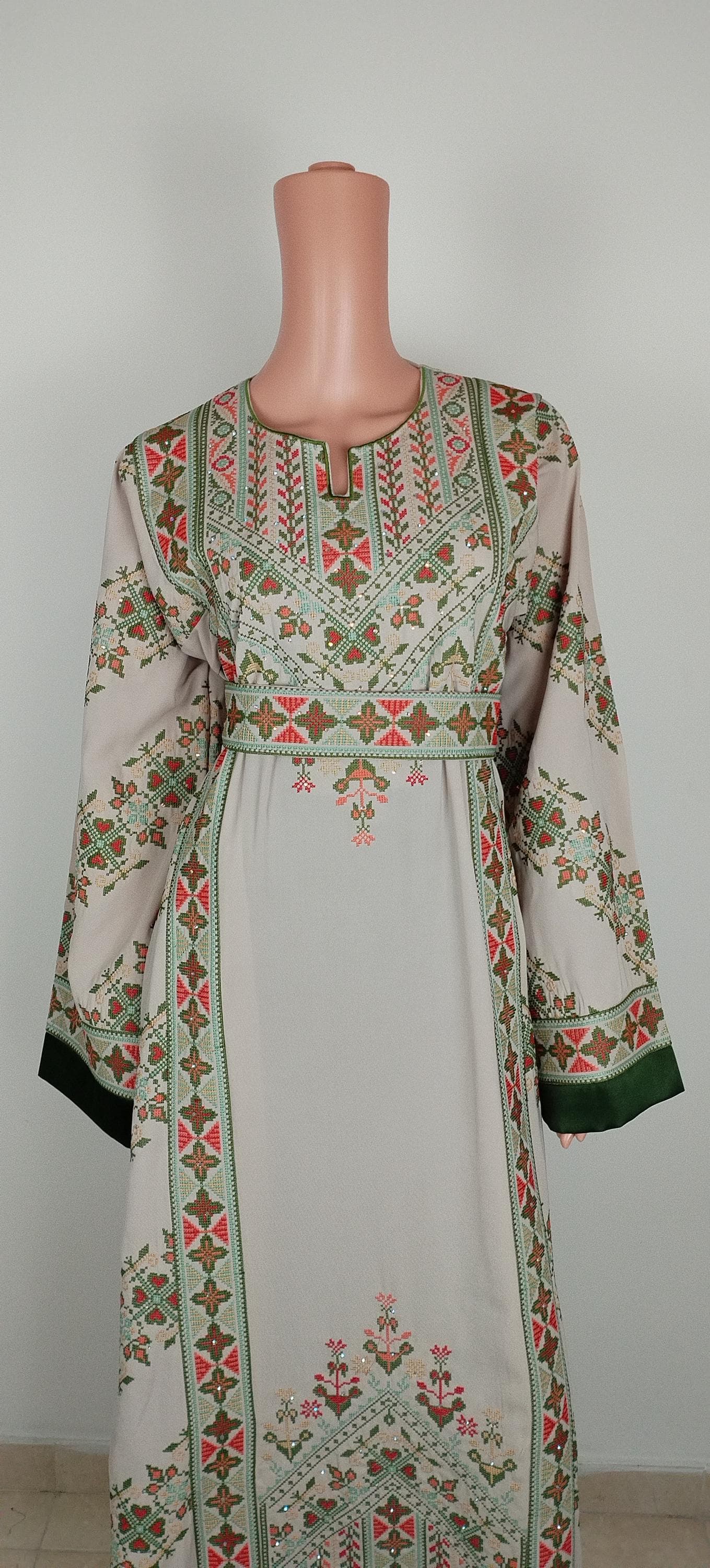 Palestinian Thobe Tatreez Dress Cappuccino and Green Embroidery connect