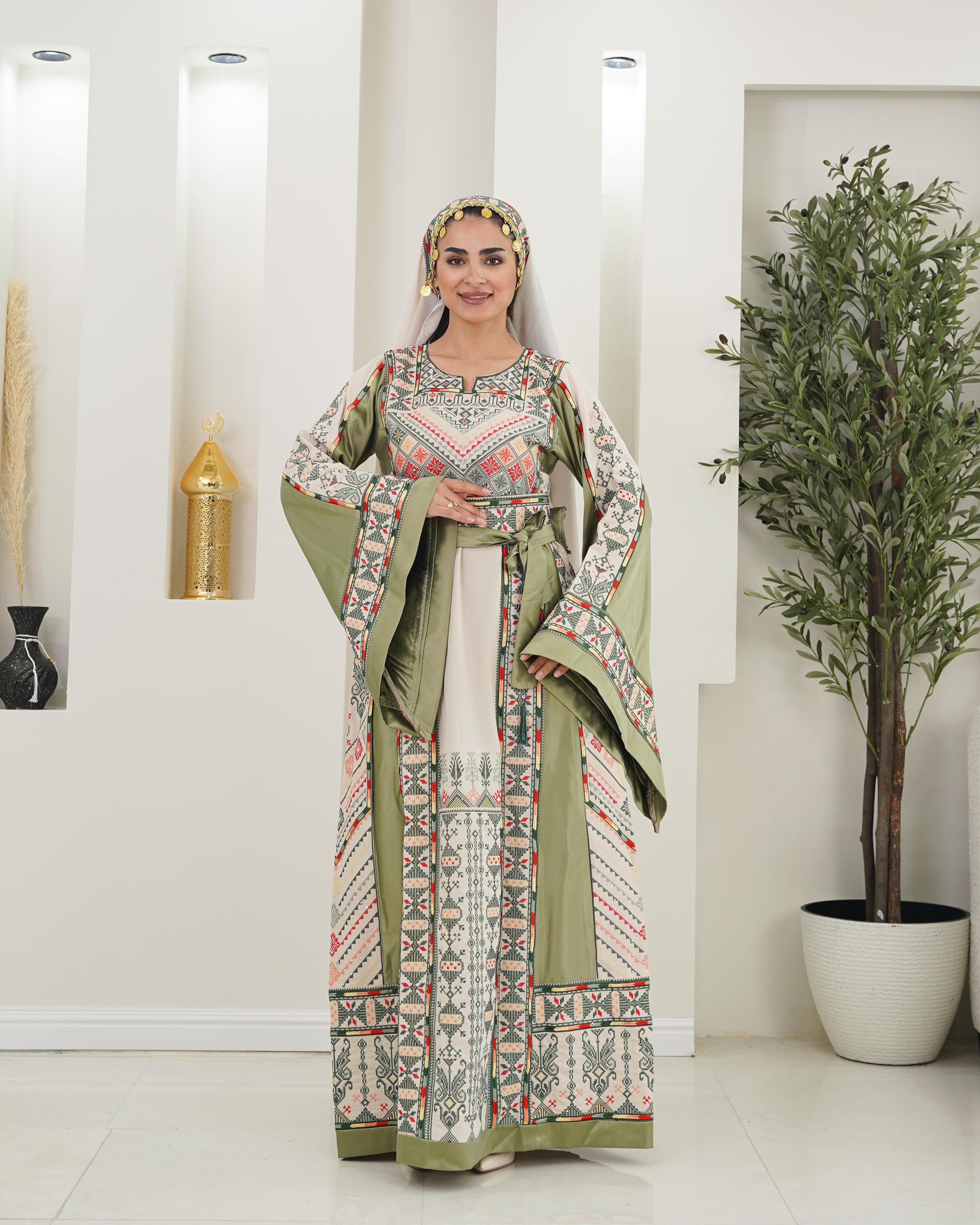 Palestinian Thobe Tatreez Dress Luxury Fellahi Cappuccino and Kiwi Green Elegance. - image 3