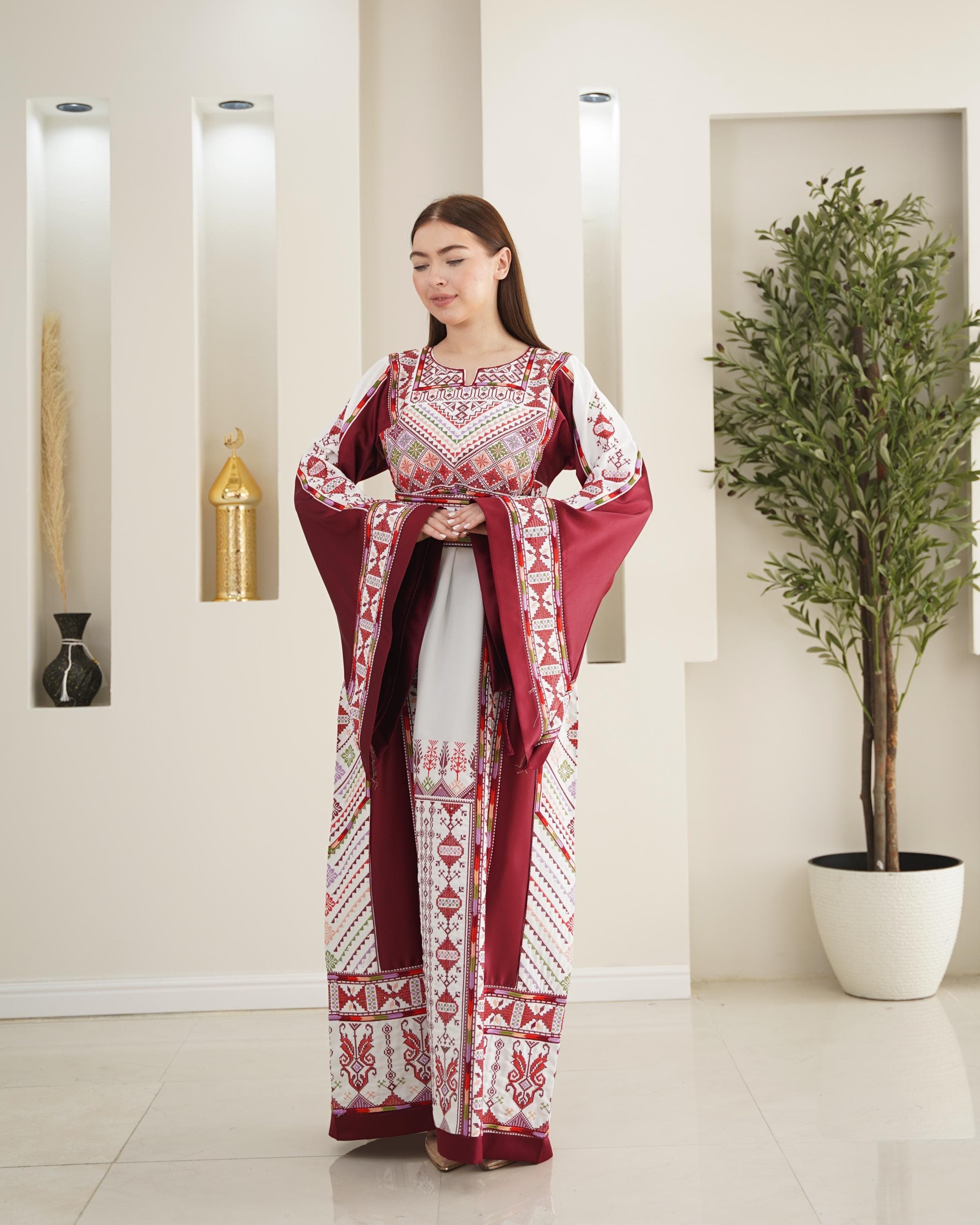 Palestinian Thobe Tatreez Dress Luxury Fellahi White and Burgundy Elegance.