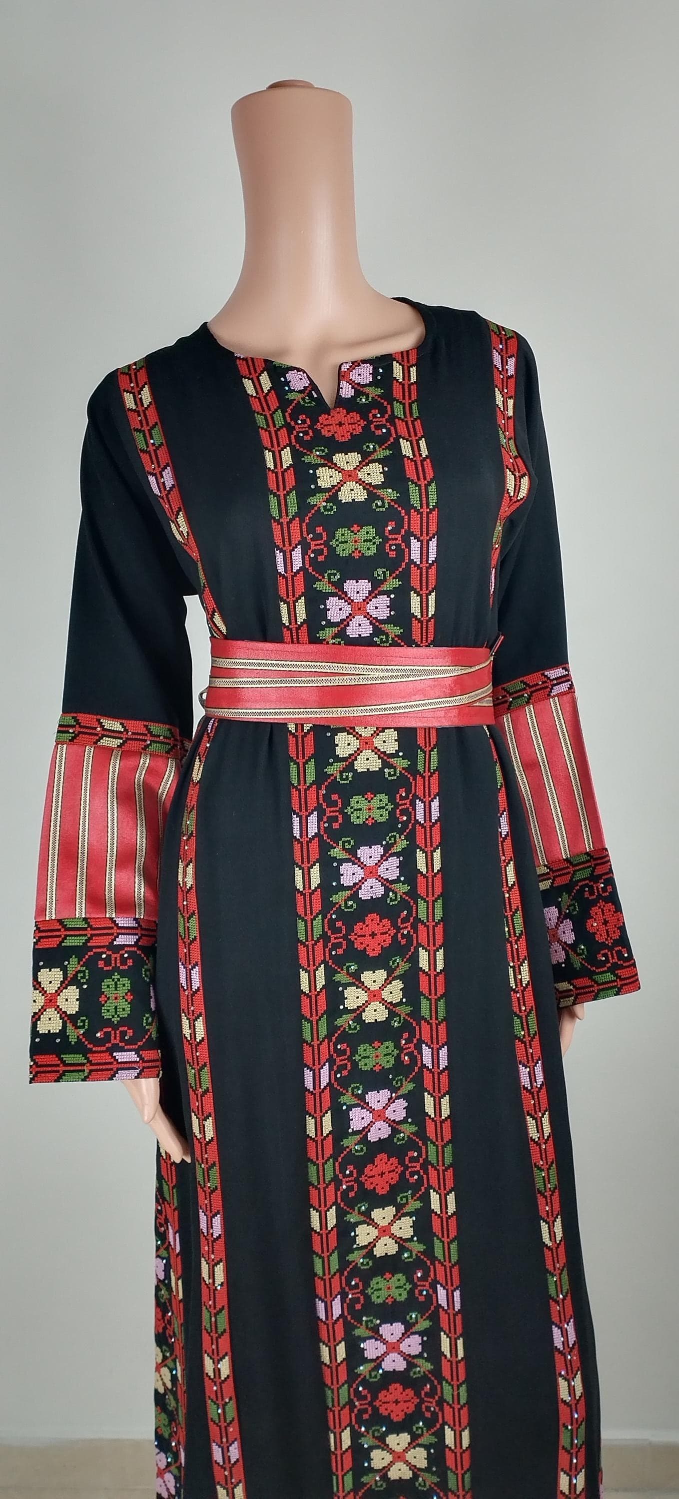 Palestinian Thobe Tatreez Dress Black and Red  with Kashmir Belt Included. - image 3