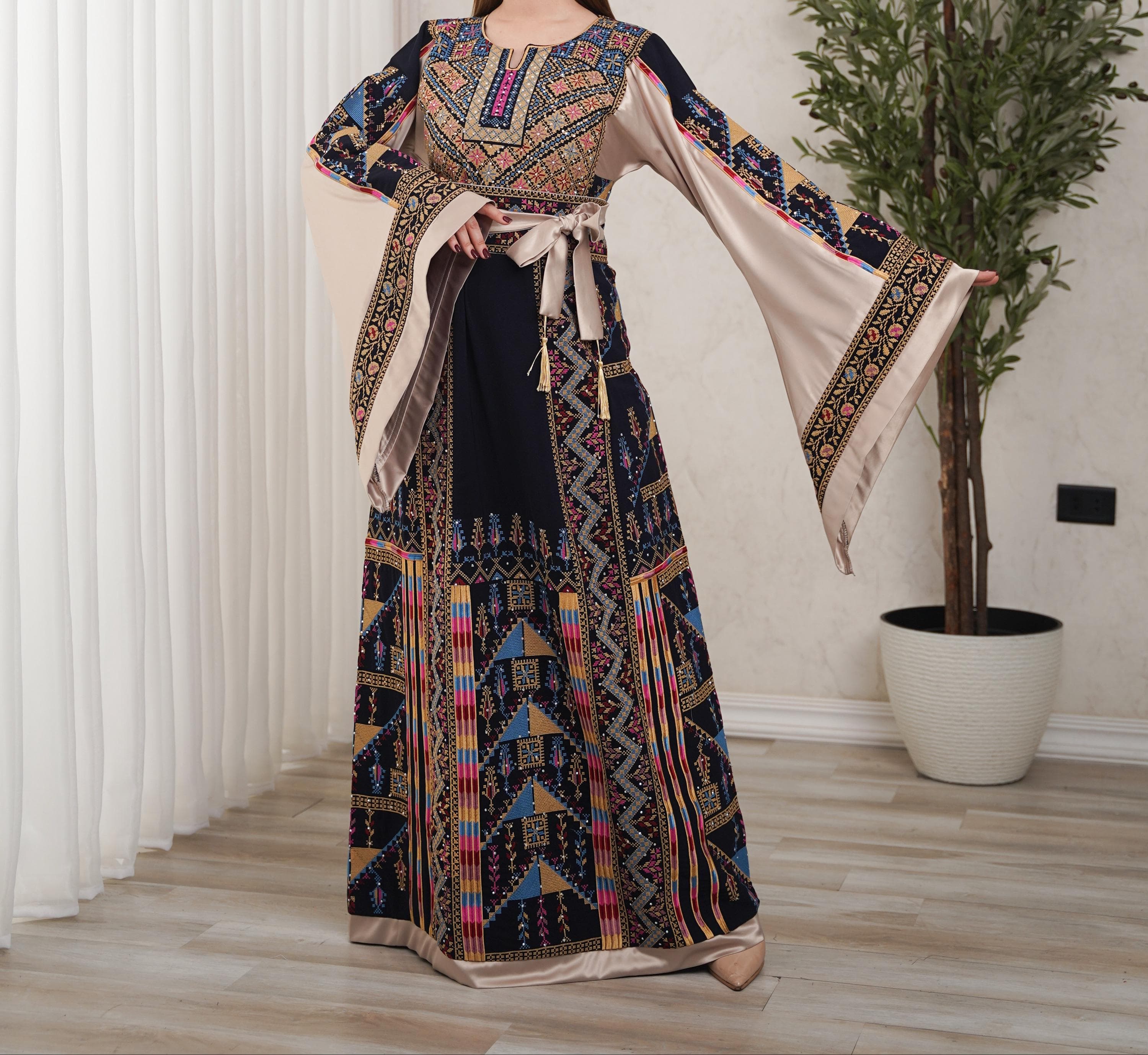 Palestinian Thobe Tatreez Dress Luxury Fellahi Navy Blue and Manajel Vs.