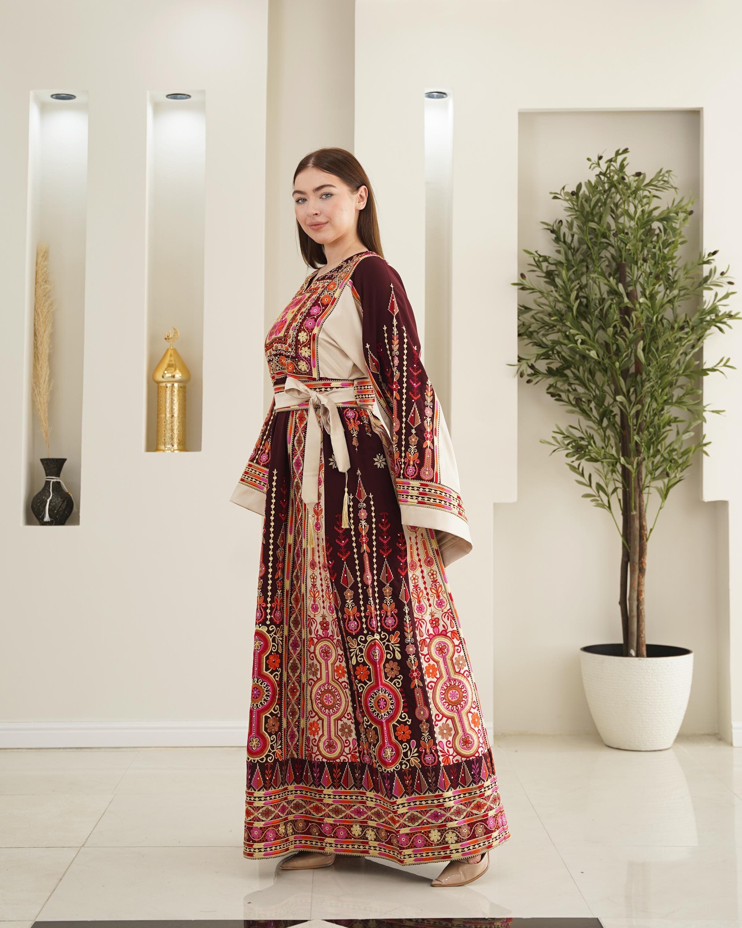 Palestinian Thobe Tatreez Dress Luxury Fellahi Burgundy and Golden Sailor - image 3