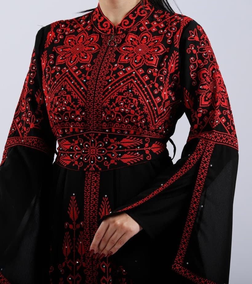 Palestinian Thobe Embroidery Maxi Dress Black and Red Sunbola
