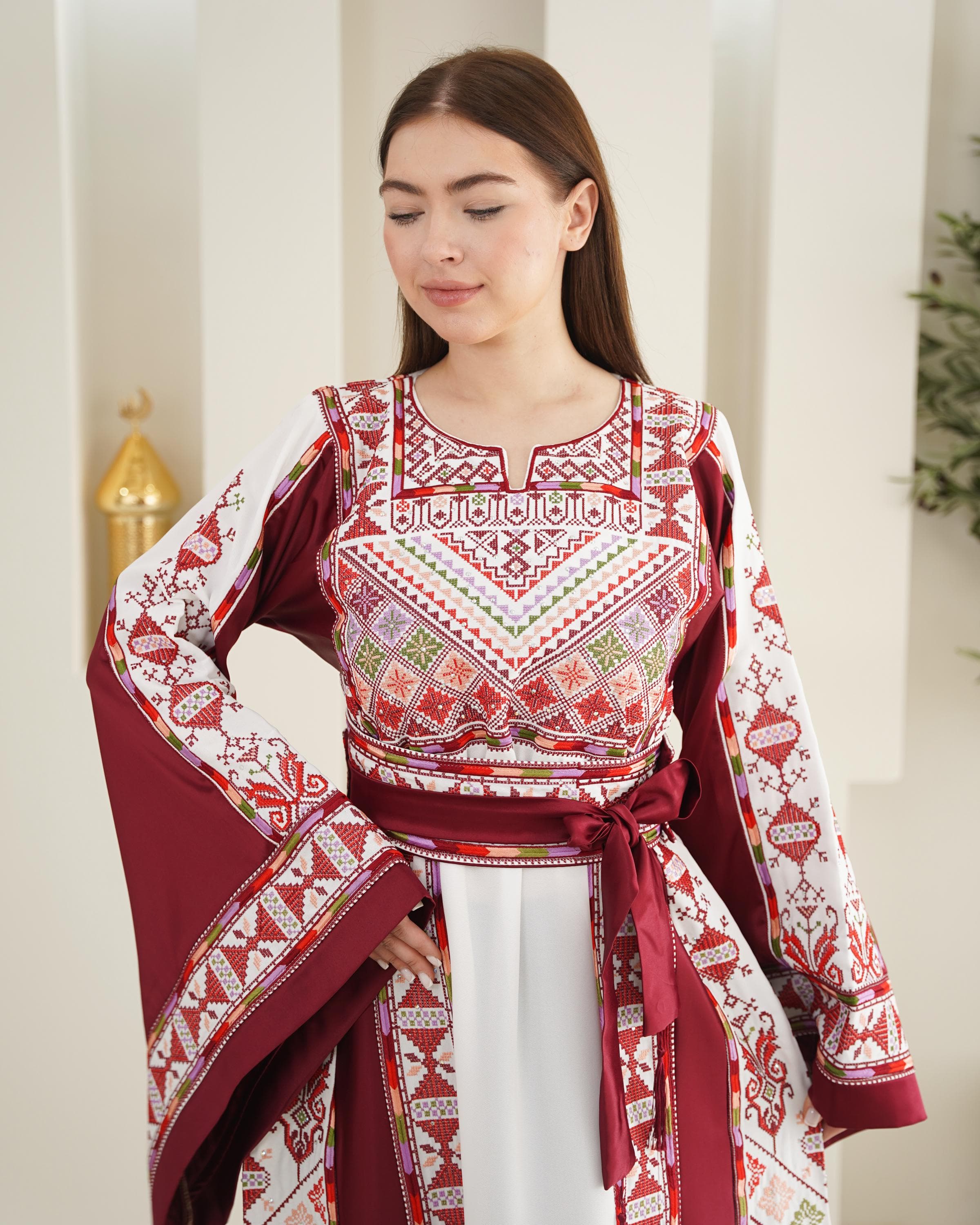 Palestinian Thobe Tatreez Dress Luxury Fellahi White and Burgundy Elegance. - image 4