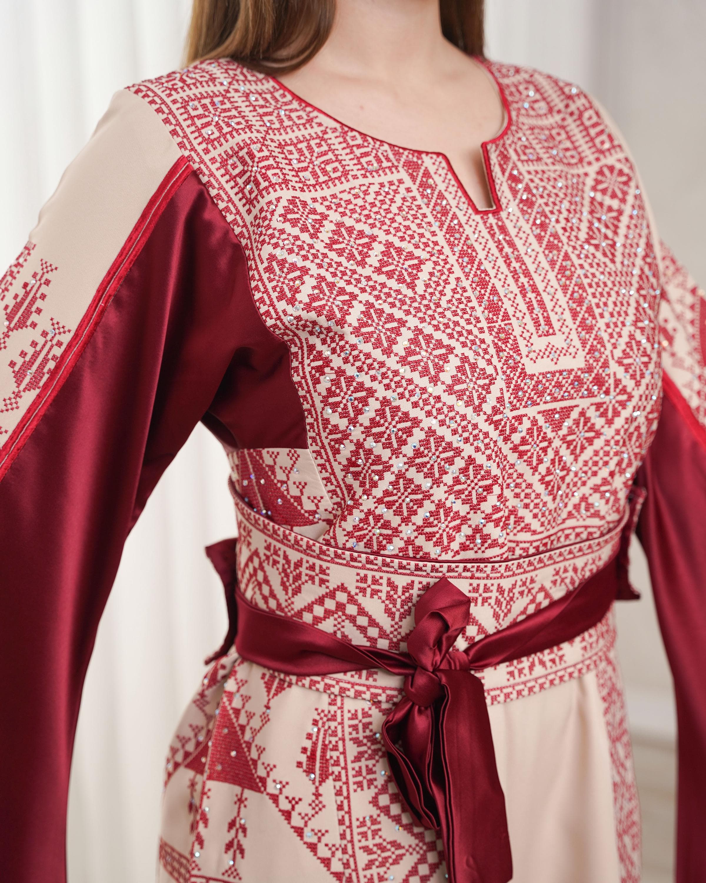 Palestinian Thobe Tatreez Dress Luxury Fellahi Cappuccino and Burgundy Vs. - image 4