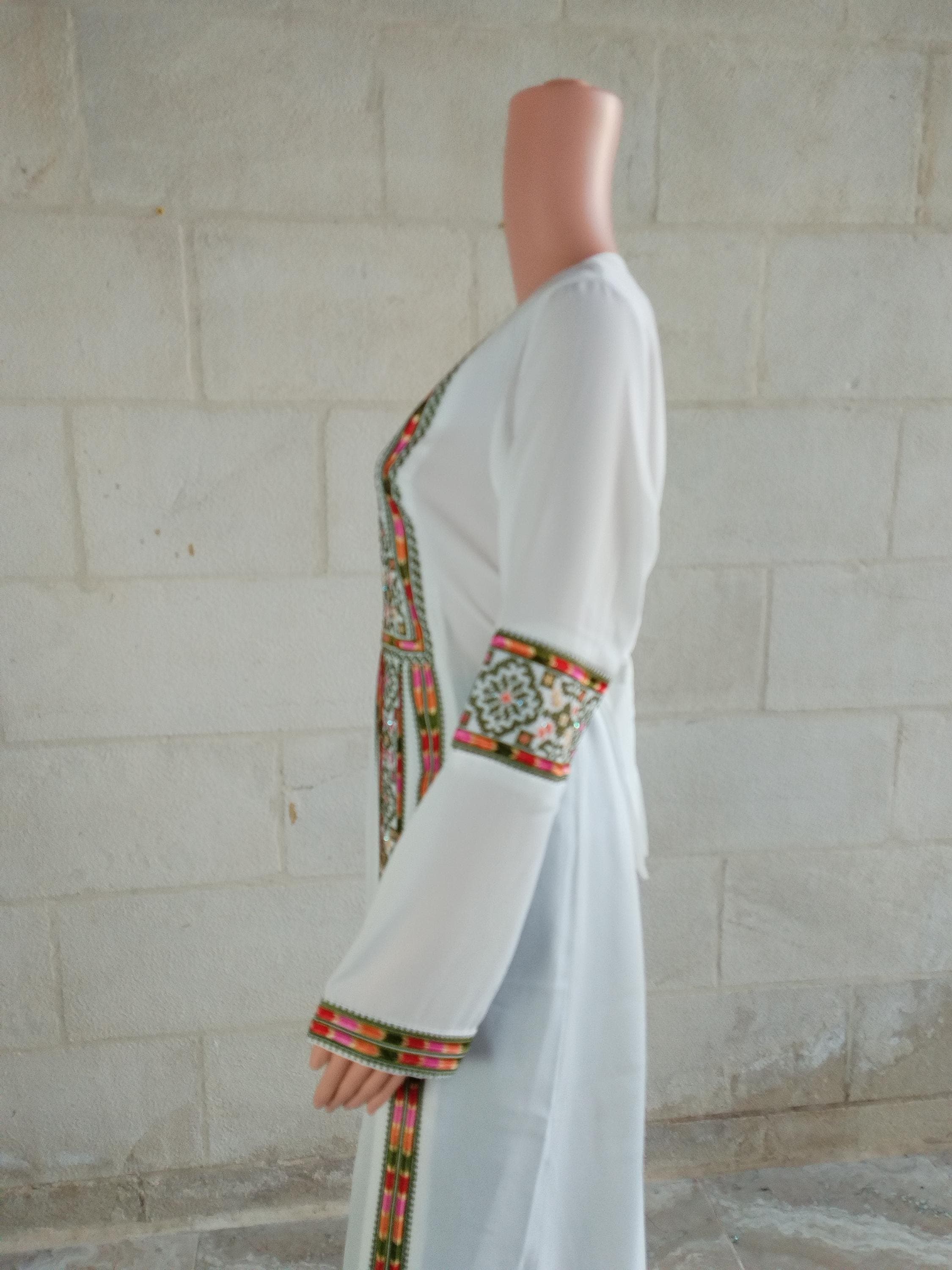 Palestinian Thobe Thob Embroidery Tatreez Cappuccino and Green Manajel 5 Strips - image 5