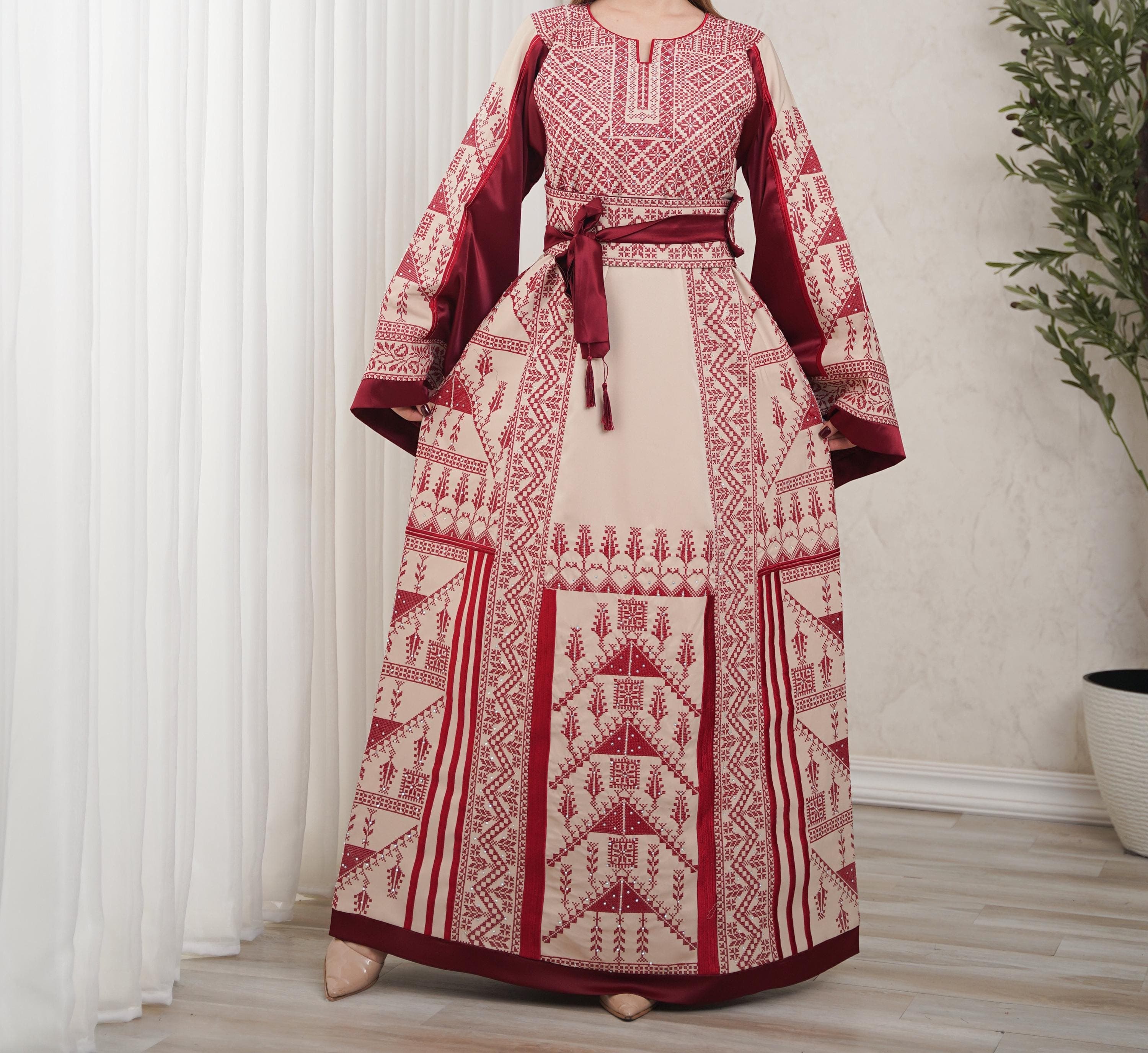 Palestinian Thobe Tatreez Dress Luxury Fellahi Cappuccino and Burgundy Vs. - image 5