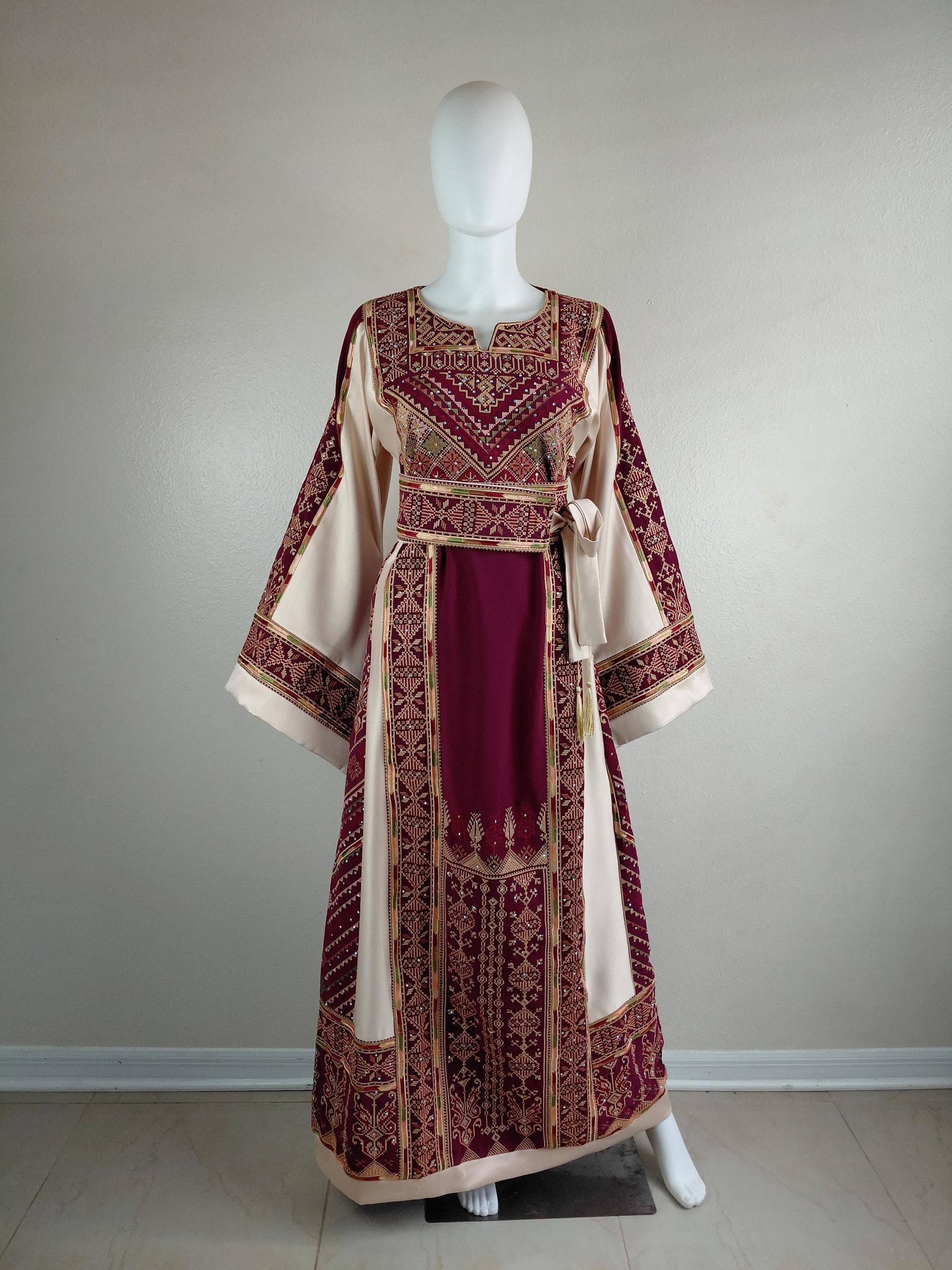 Palestinian Thobe Tatreez Dress Luxury Fellahi Burgundy and Golden Rosary. - image 5