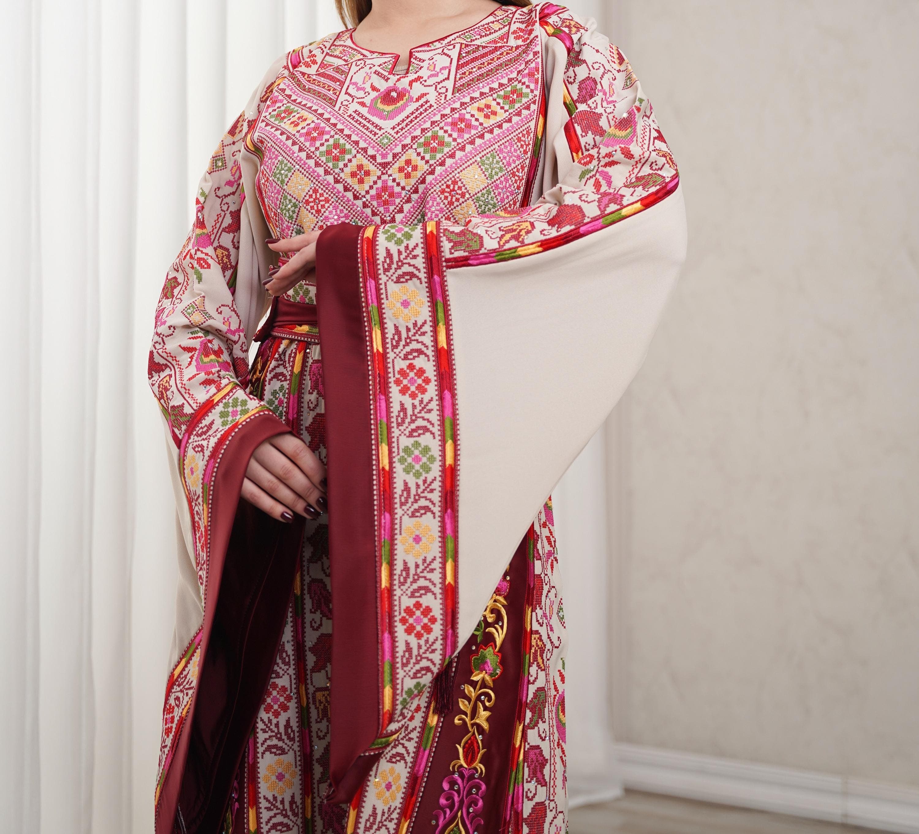Palestinian Thobe Tatreez Dress Luxury Fellahi Cappuccino and Burgundy Embroidered Satin. - image 3