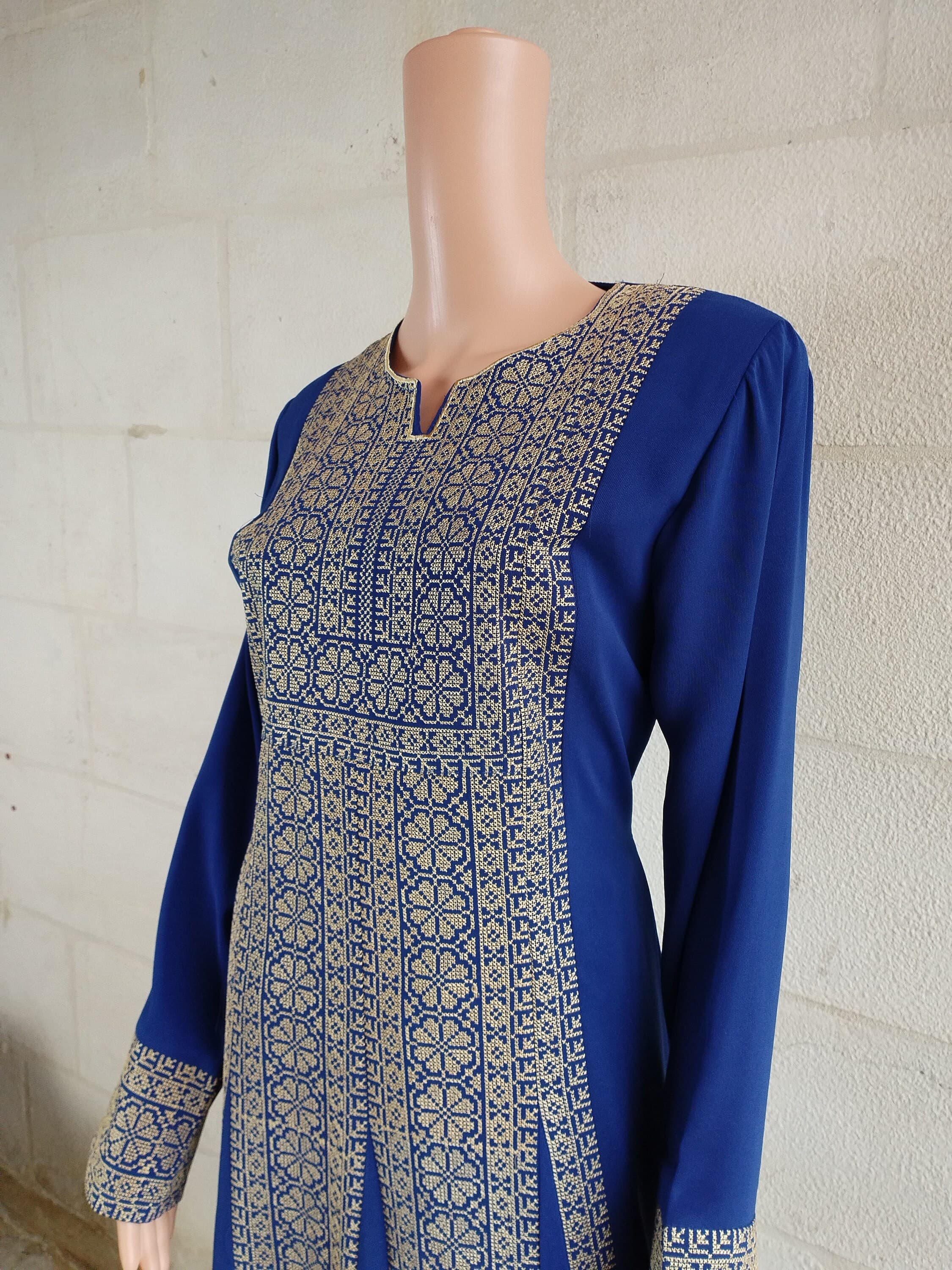 Palestinian thobe Tatreez Dress Blue with Golden Embroidery - image 4