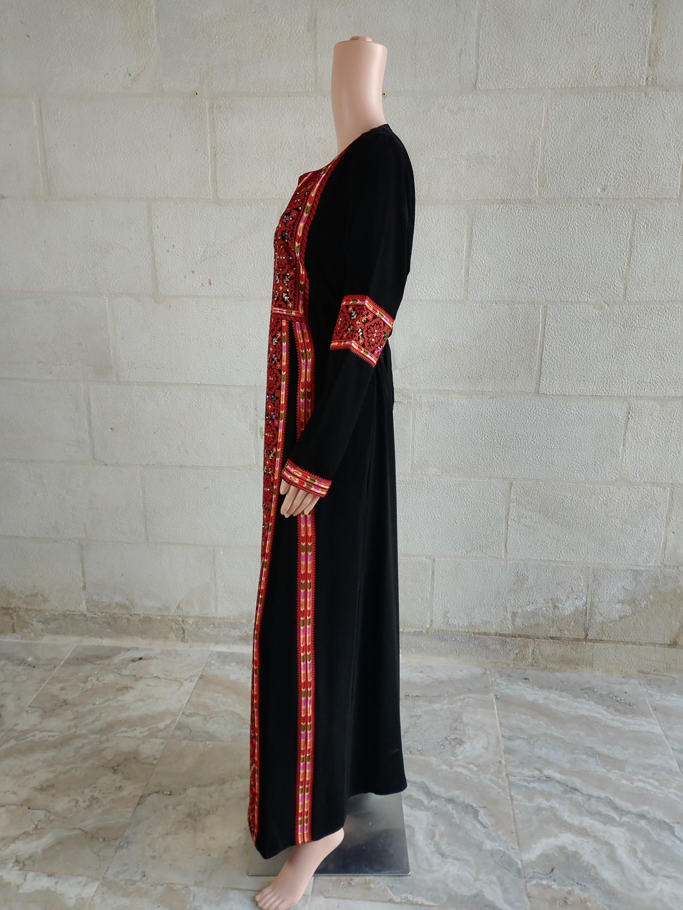 Palestinian Thobe Thob Embroidery Tatreez Black and Red Manajel 5 Strips - image 5
