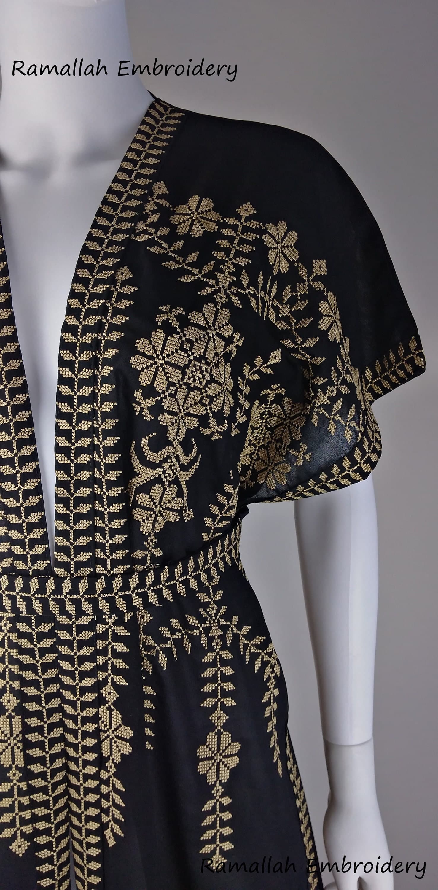 Palestinian thobe One Size Abaya kaftan Black and Golden Embroidery - image 5