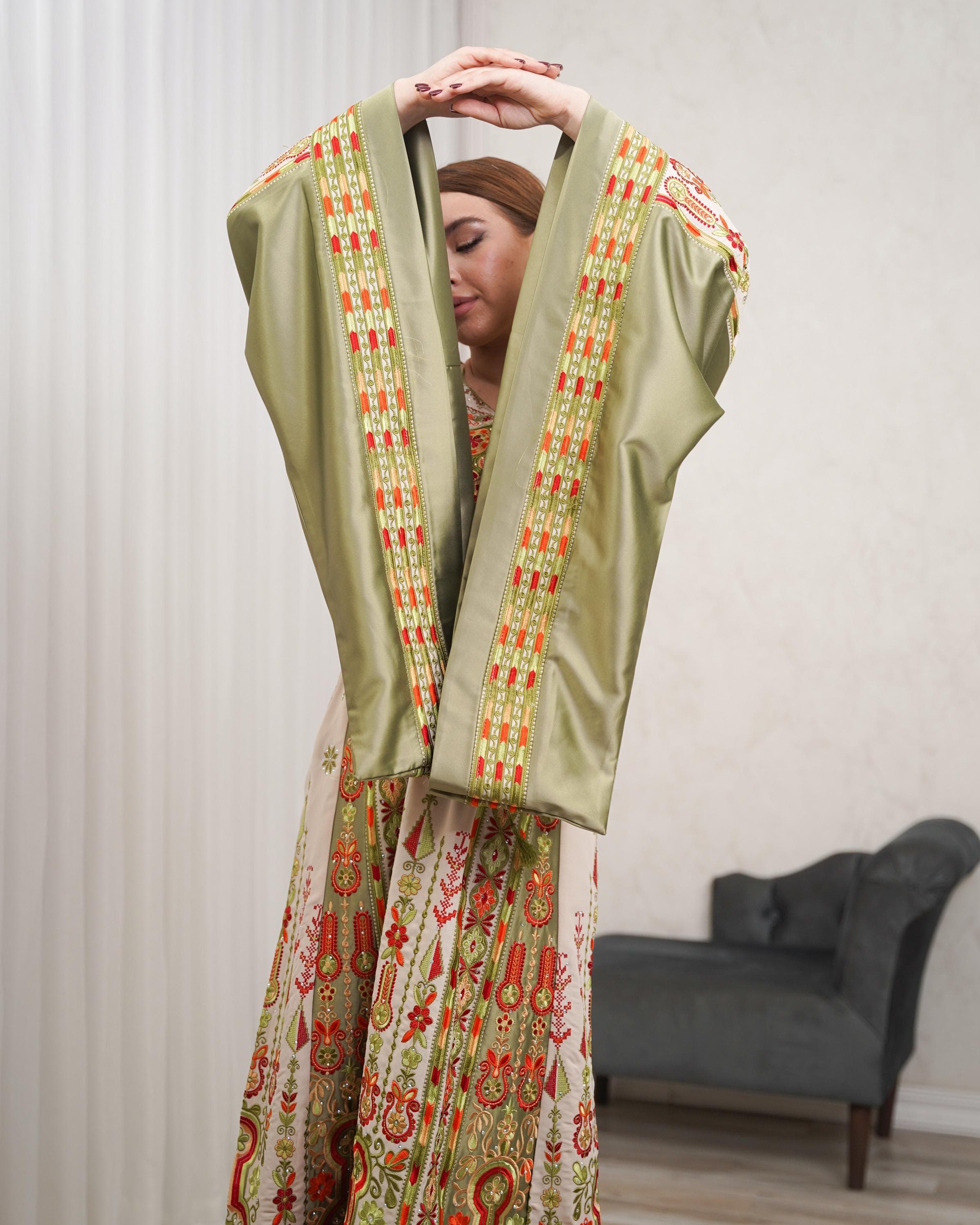 Palestinian Thobe Tatreez Dress Luxury Fellahi Cappuccino and Green with extended sleeves. - image 5