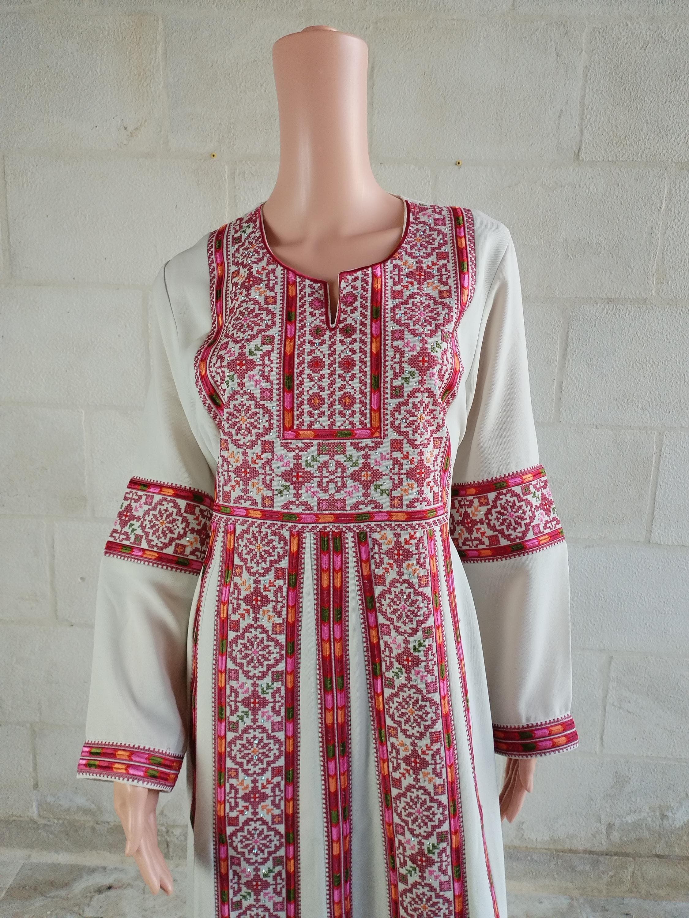 Palestinian Thobe Thob Embroidery Tatreez Cappaccino and Burgundy Manajel 5 Strips