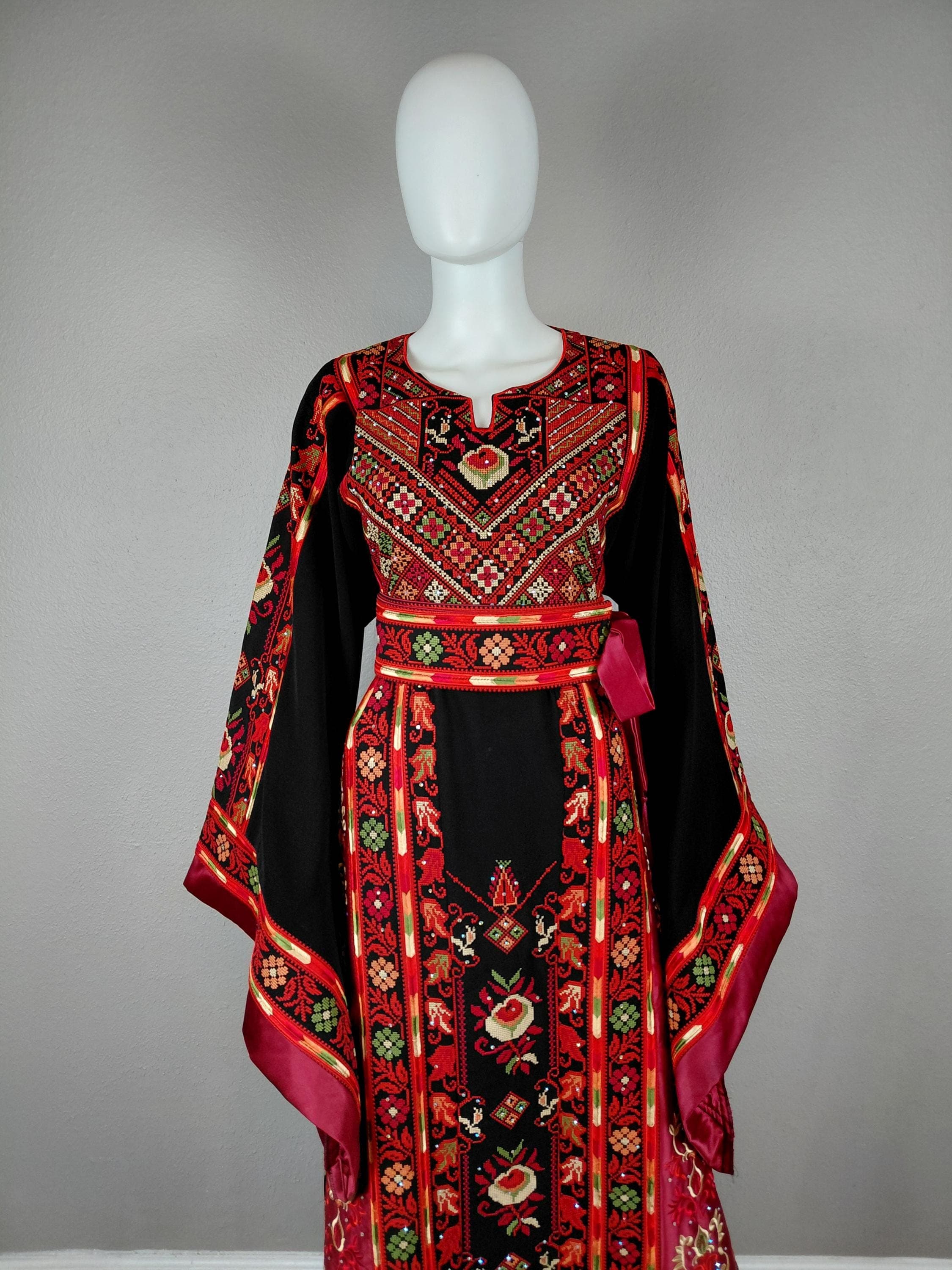Palestinian Thobe Tatreez Dress Luxury Fellahi Black and Red Embroidered Satin