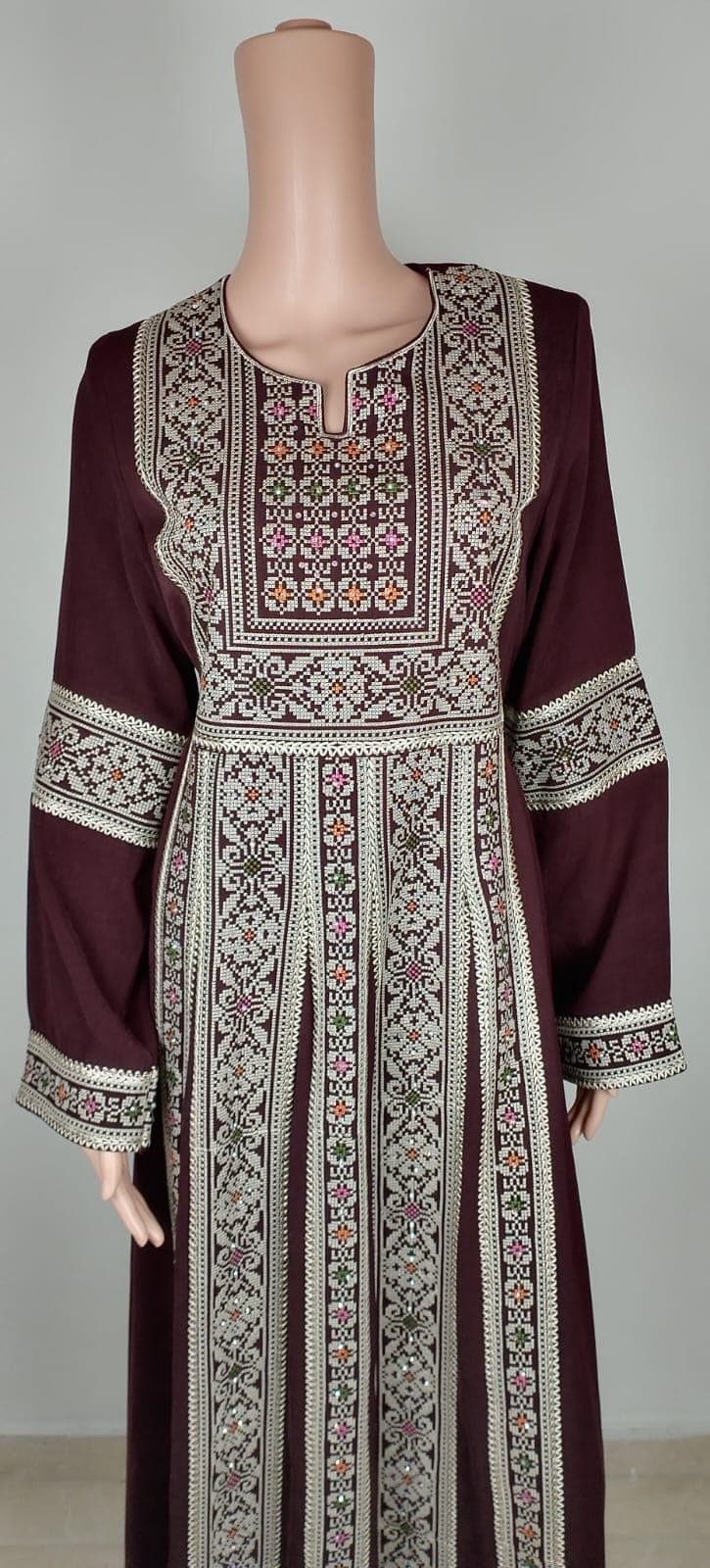 Palestinian Thobe Embroidery Tatreez Dress Burgundy And Golden Sunara