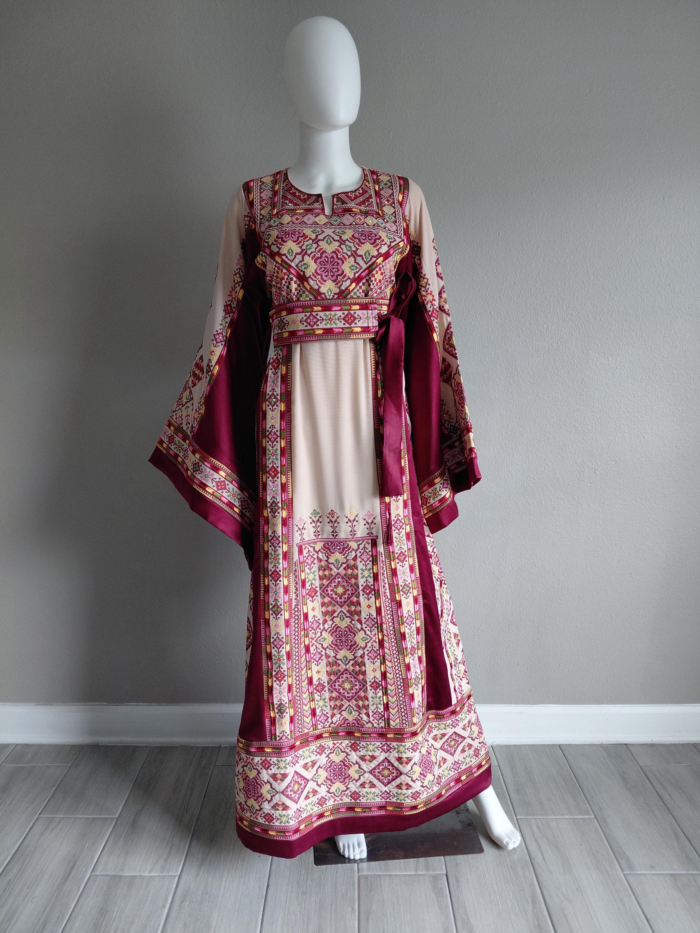 Palestinian Thobe Tatreez Dress Luxury Fellahi Cappuccino and Burgundy Satin - image 3