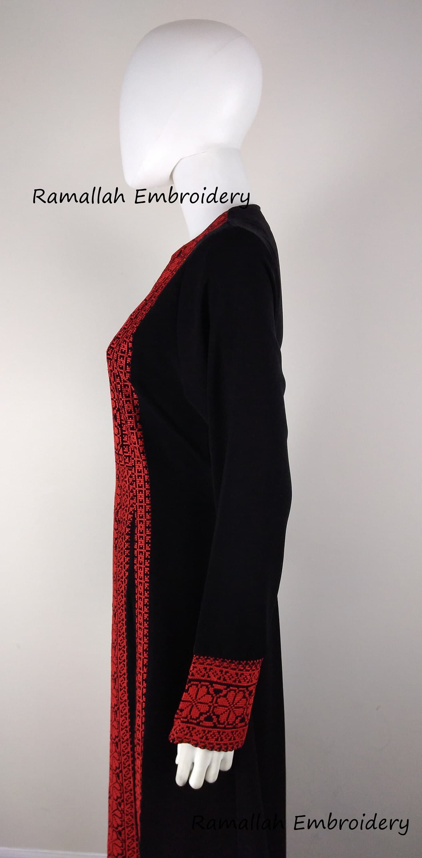 Palestinian Kaftan Thobe Thob Embroidery Black with Red Tatreez Stripes - image 5