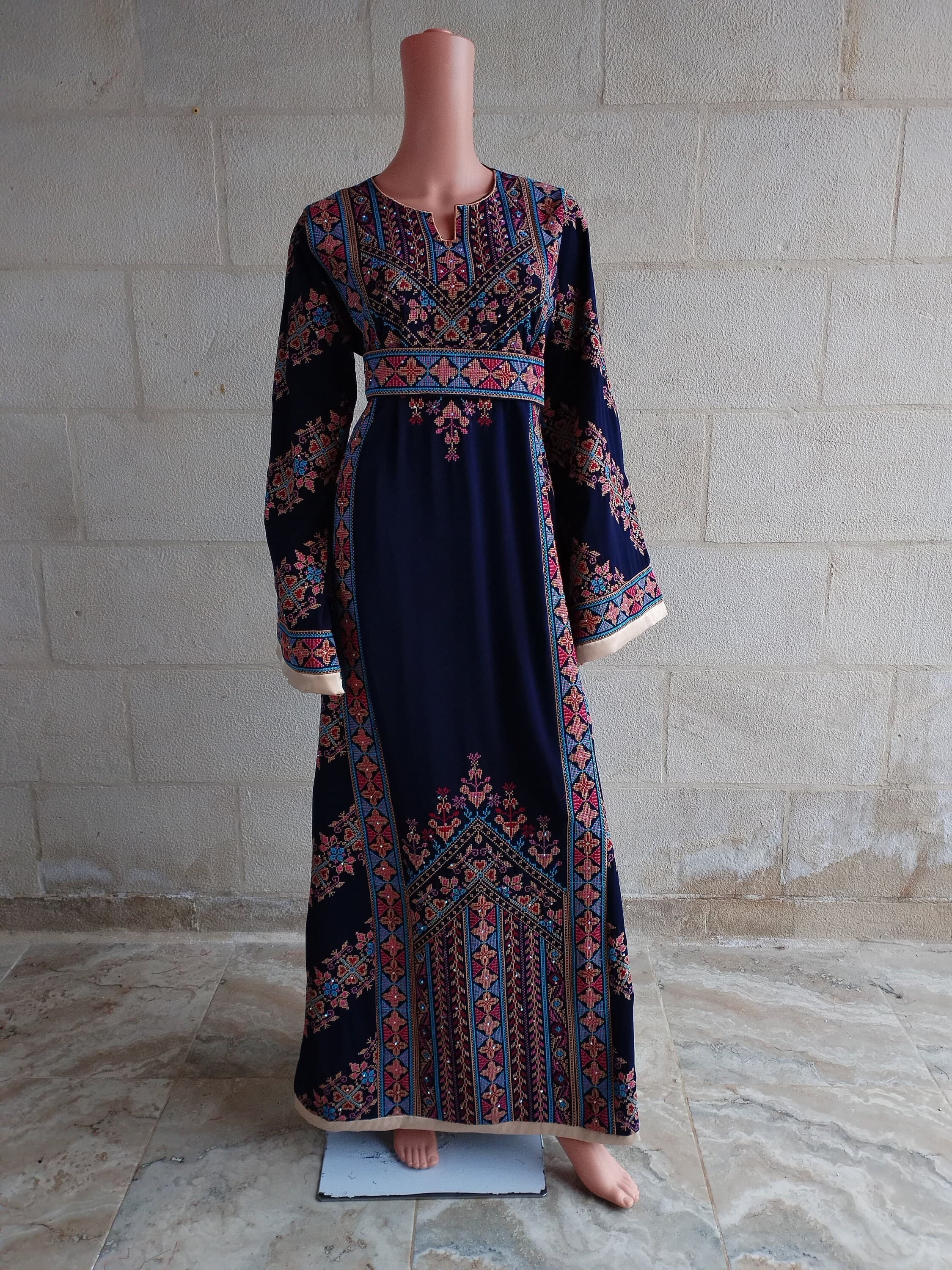 Palestinian Thobe Tatreez Dress Navy Blue and Red Embroidery connect