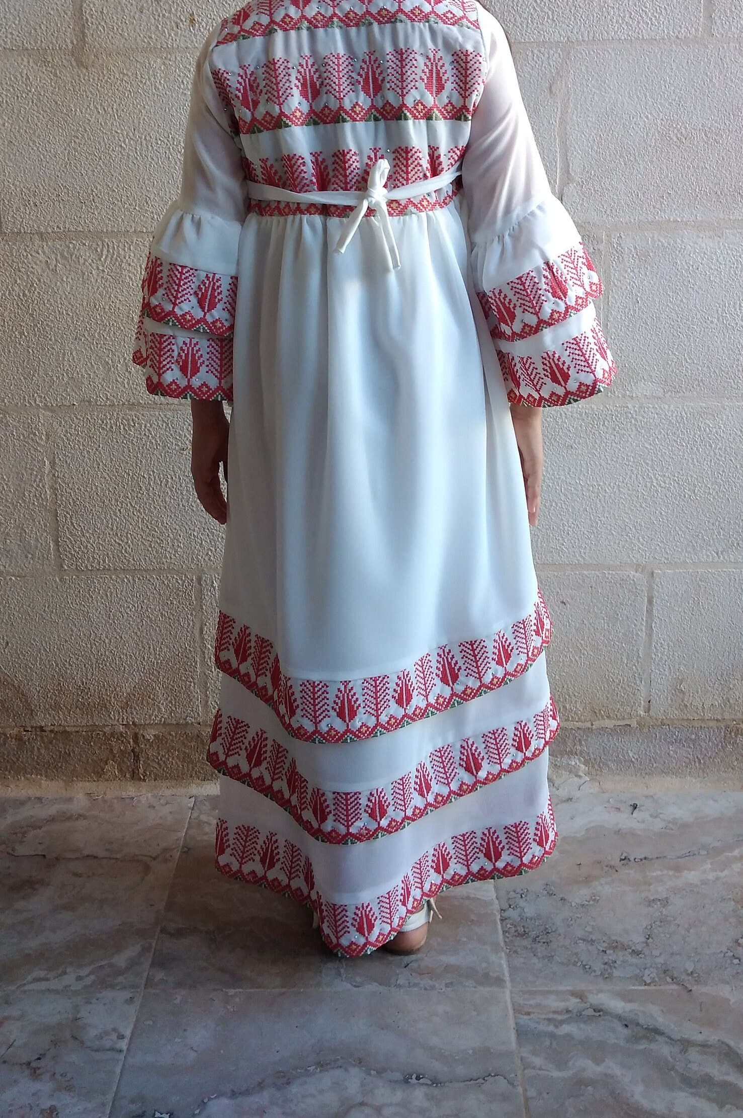 Little Girl Palestinian Embroidered Ruffle White Dress Thobe Kaftan Tatreez. - image 4
