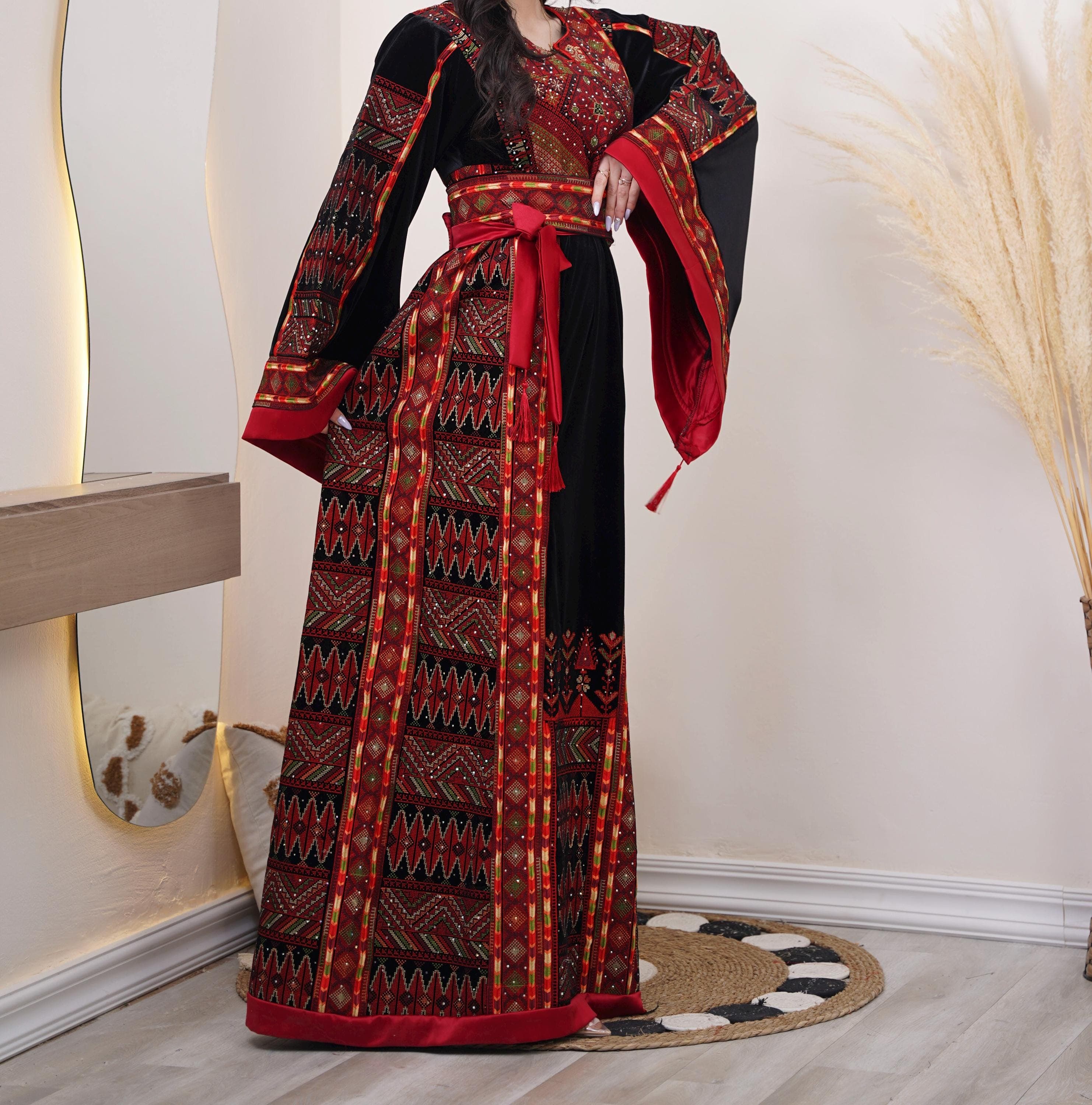 Palestinian Thobe Tatreez Dress Luxury Fellahi Velvet Red and Black - image 2