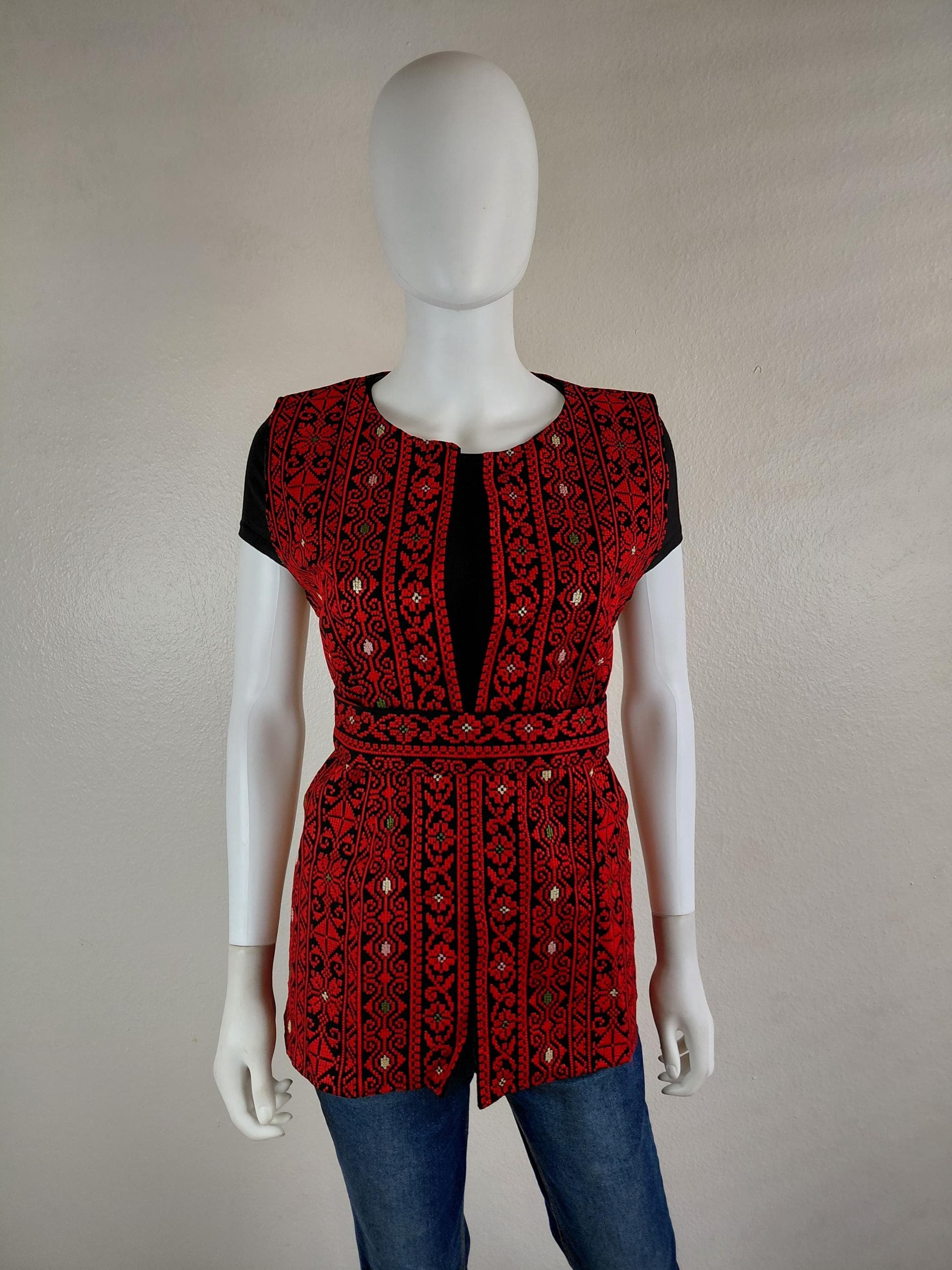 Palestinian Embroidery Stunning Vest Tatreez  Red And Black Fellahi.