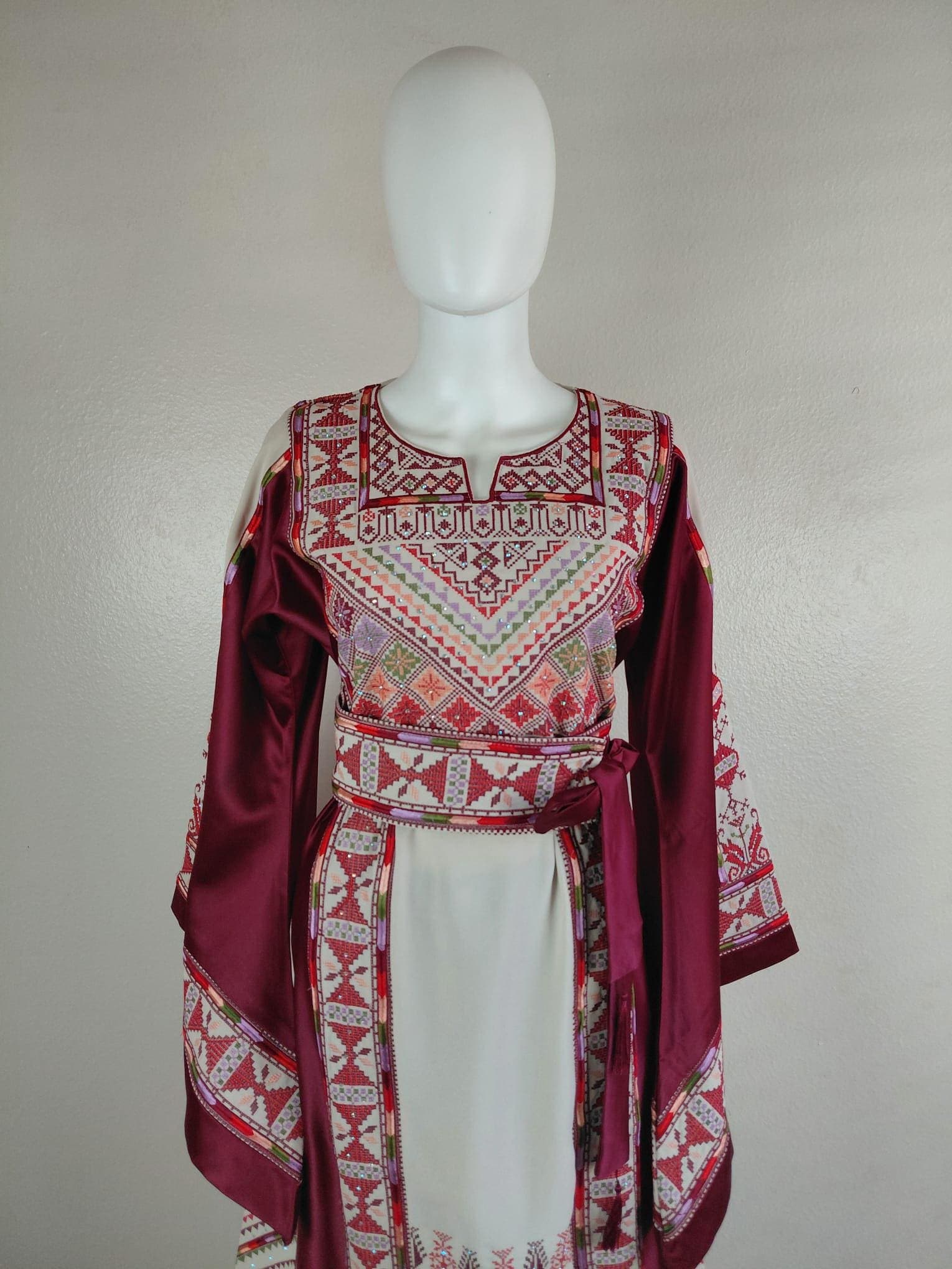 Palestinian Thobe Tatreez Dress Luxury Fellahi Cappuccino and Burgundy Elegance - image 4