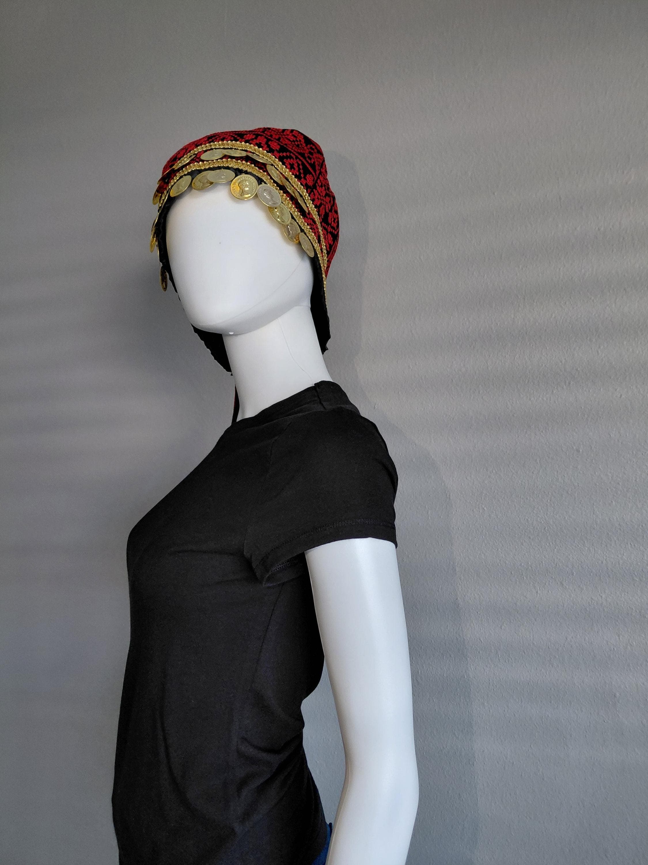 Palestinian Tatreez Embroidered Hat With Coins Red and Black - image 5