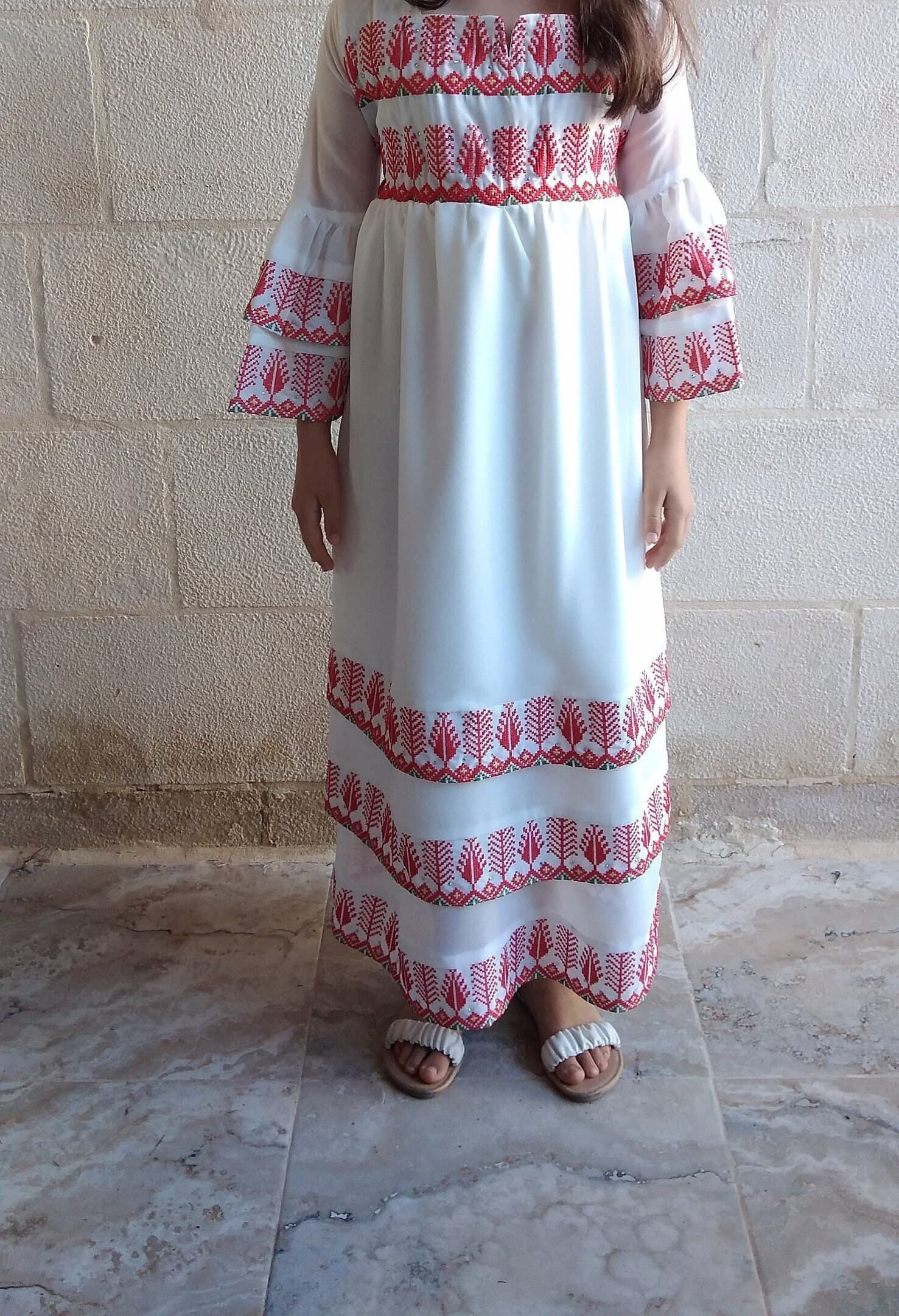Little Girl Palestinian Embroidered Ruffle White Dress Thobe Kaftan Tatreez.
