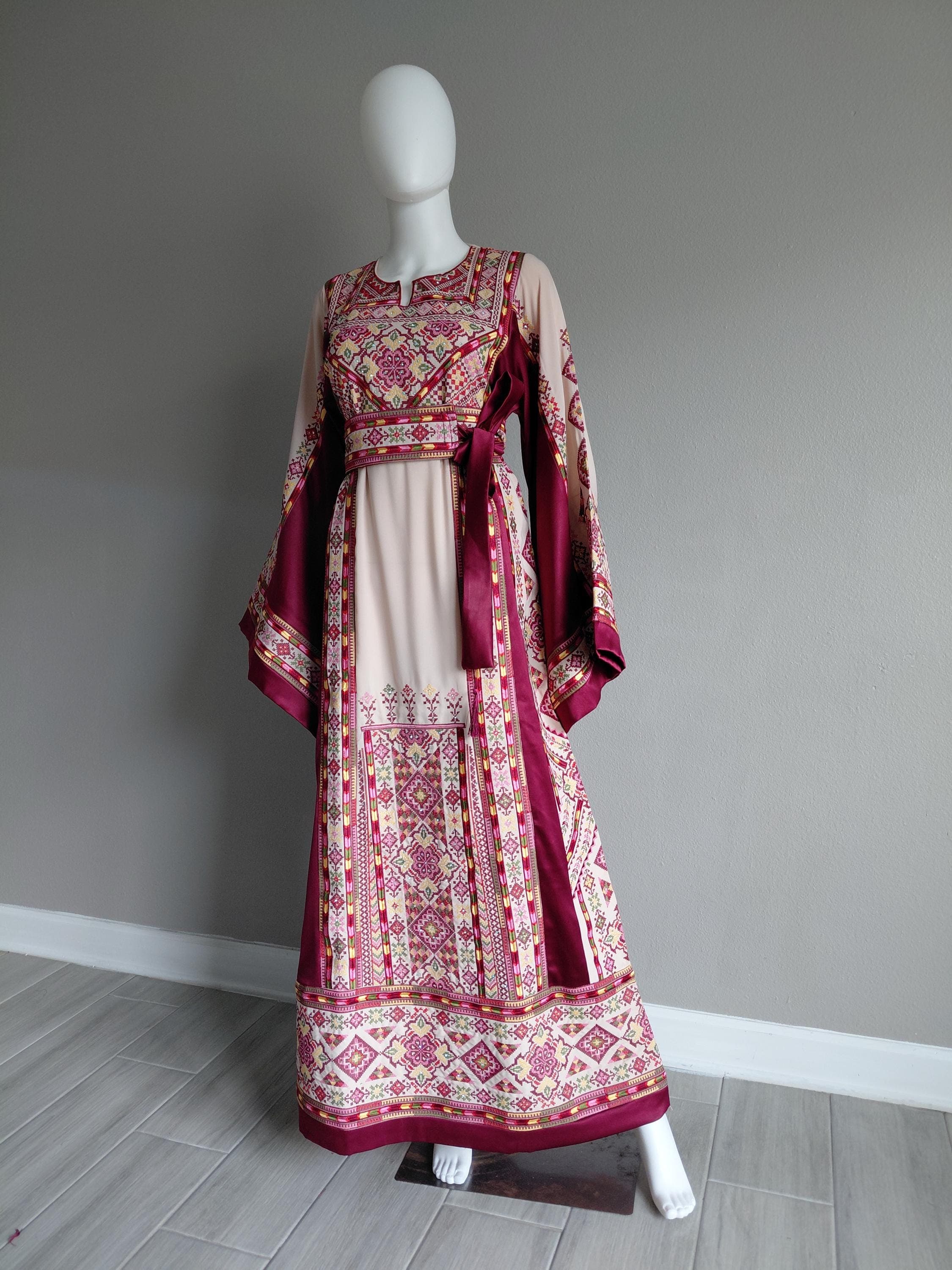 Palestinian Thobe Tatreez Dress Luxury Fellahi Cappuccino and Burgundy Satin - image 5