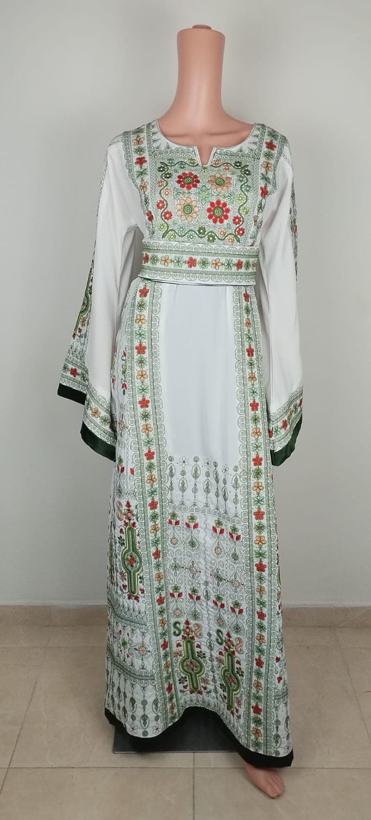 Palestinian Thobe Tatreez Dress Luxury Fellahi White and Green Agabani. - image 3