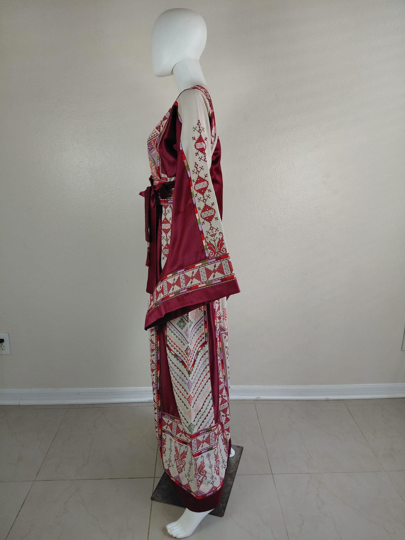 Palestinian Thobe Tatreez Dress Luxury Fellahi Cappuccino and Burgundy Elegance - image 5