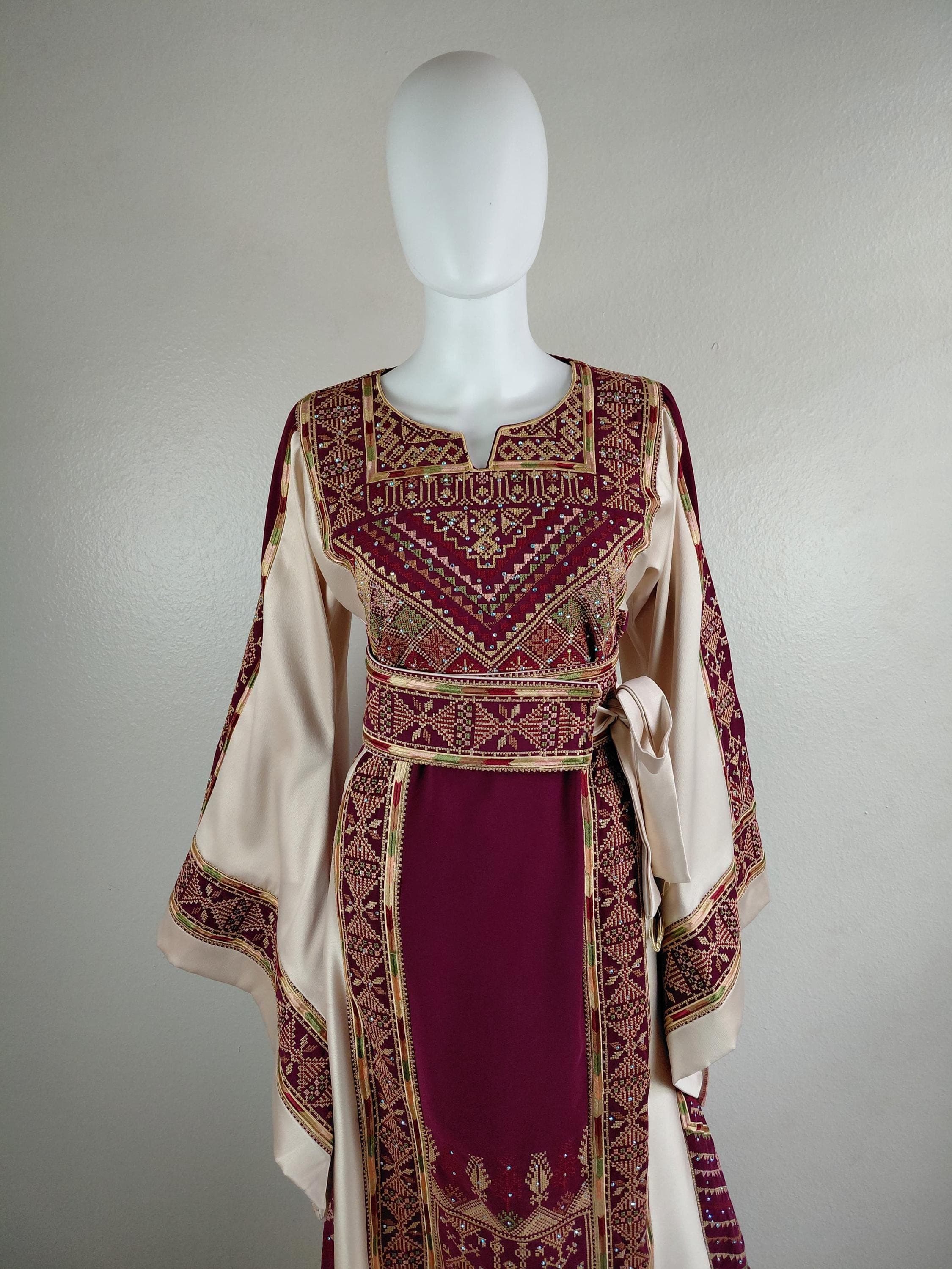 Palestinian Thobe Tatreez Dress Luxury Fellahi Burgundy and Golden Rosary. - image 3