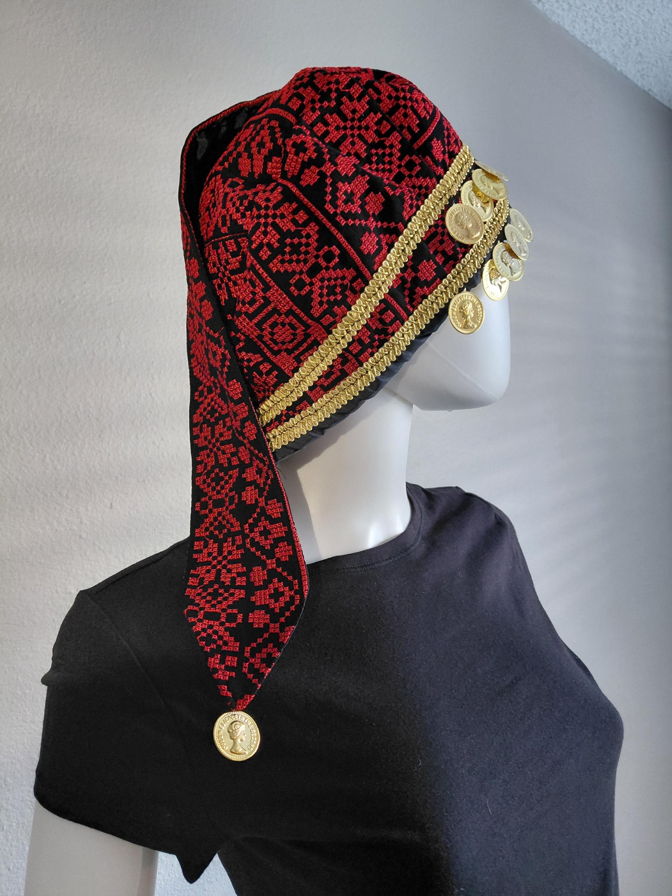 Palestinian Tatreez Embroidered Hat With Coins Red and Black - image 3