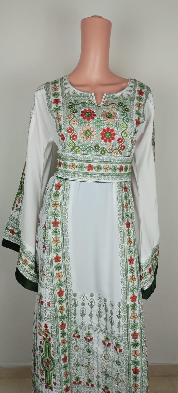 Palestinian Thobe Tatreez Dress Luxury Fellahi White and Green Agabani.