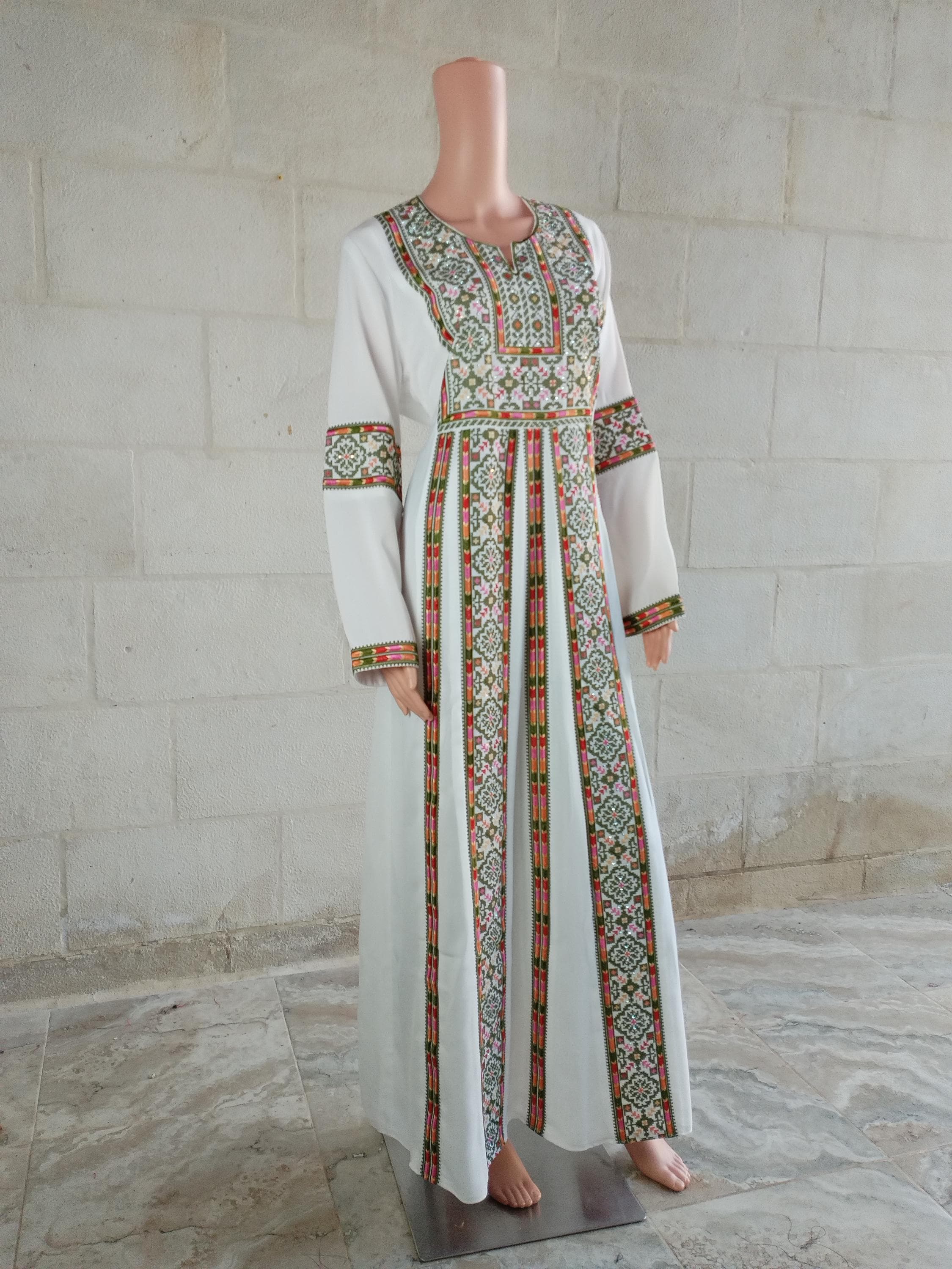 Palestinian Thobe Thob Embroidery Tatreez Cappuccino and Green Manajel 5 Strips - image 3