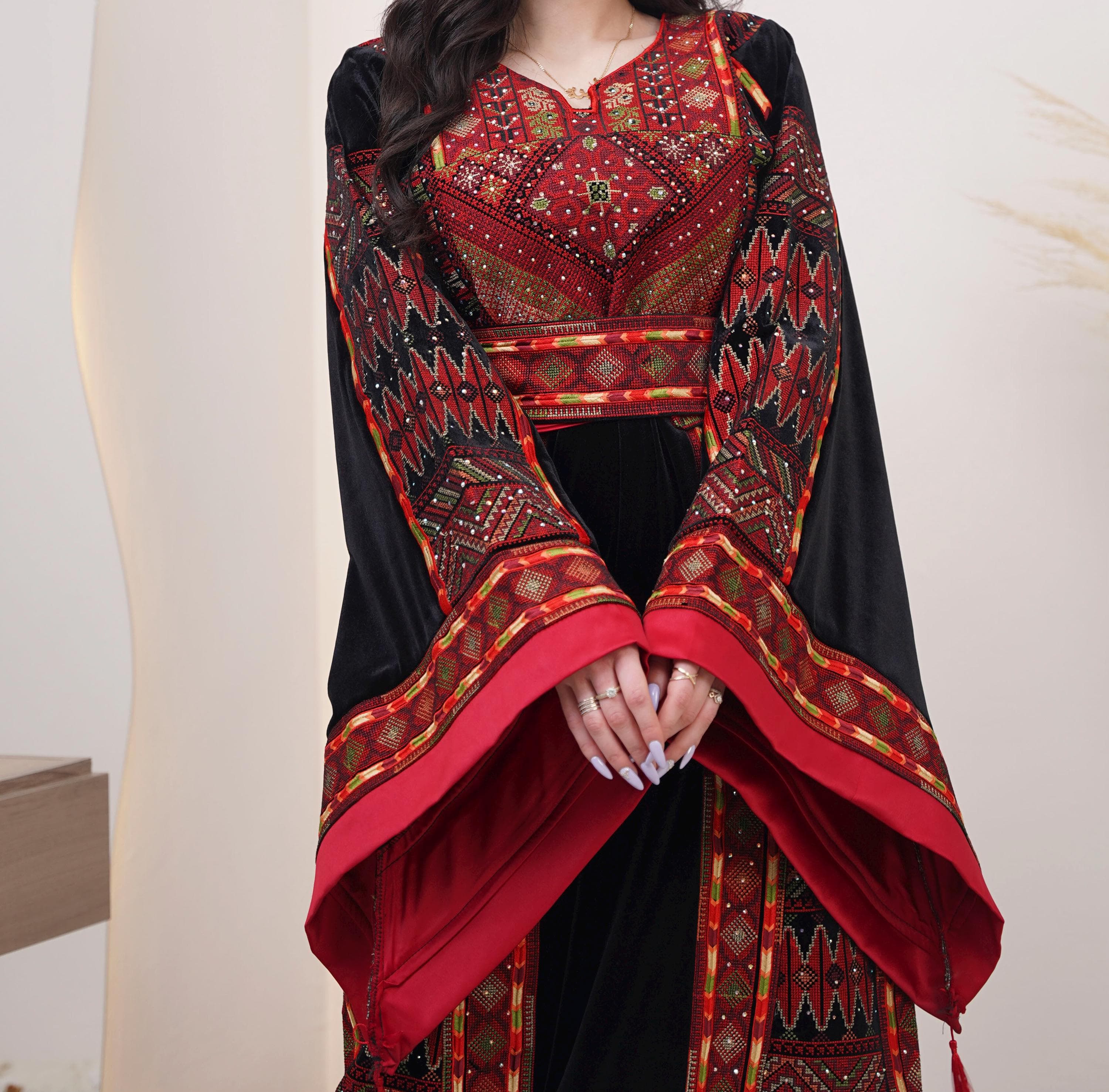 Palestinian Thobe Tatreez Dress Luxury Fellahi Velvet Red and Black - image 3