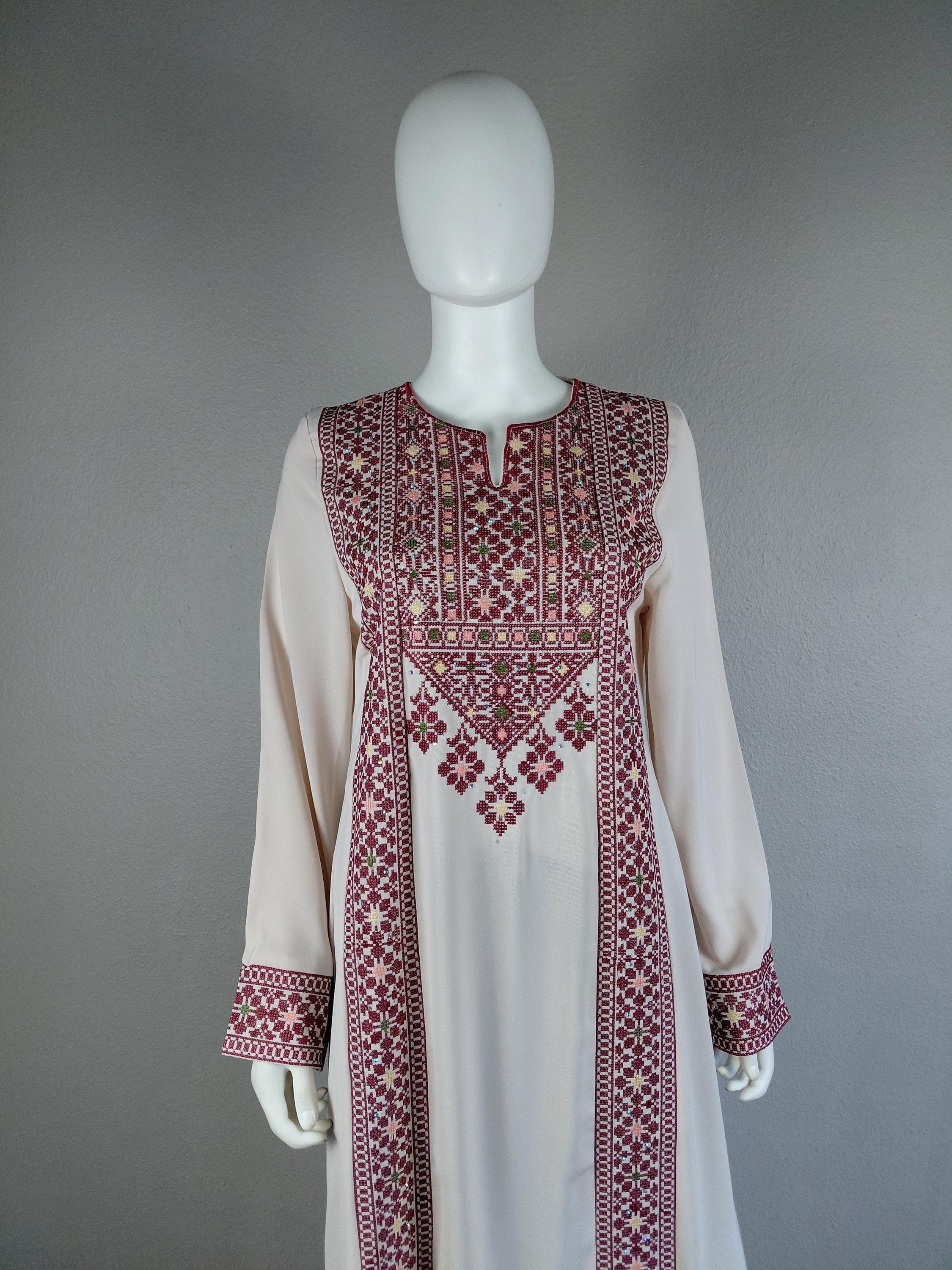 Palestinian Embroidery Thobe Thob Maxi Dress Cappuccino and Burgundy.