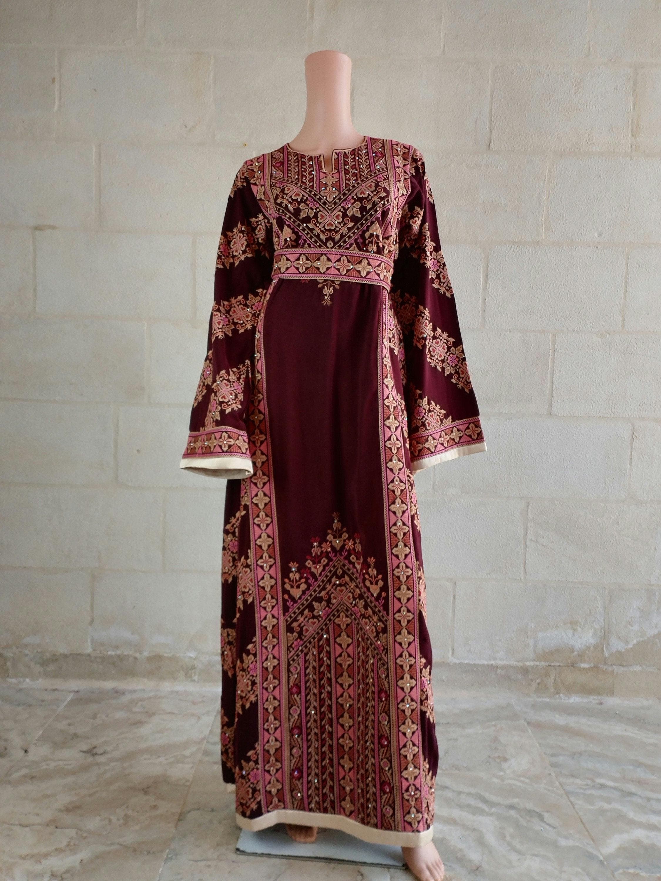 Palestinian Thobe Tatreez Dress Burgundy and Beige Embroidery connect