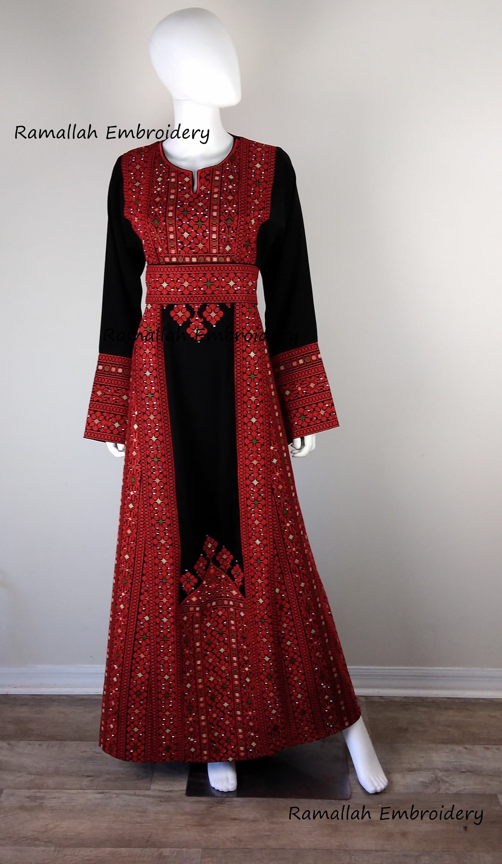 Palestinian Embroidery Thobe Princess Thob Maxi Dress Tatreez Amira Red and Black