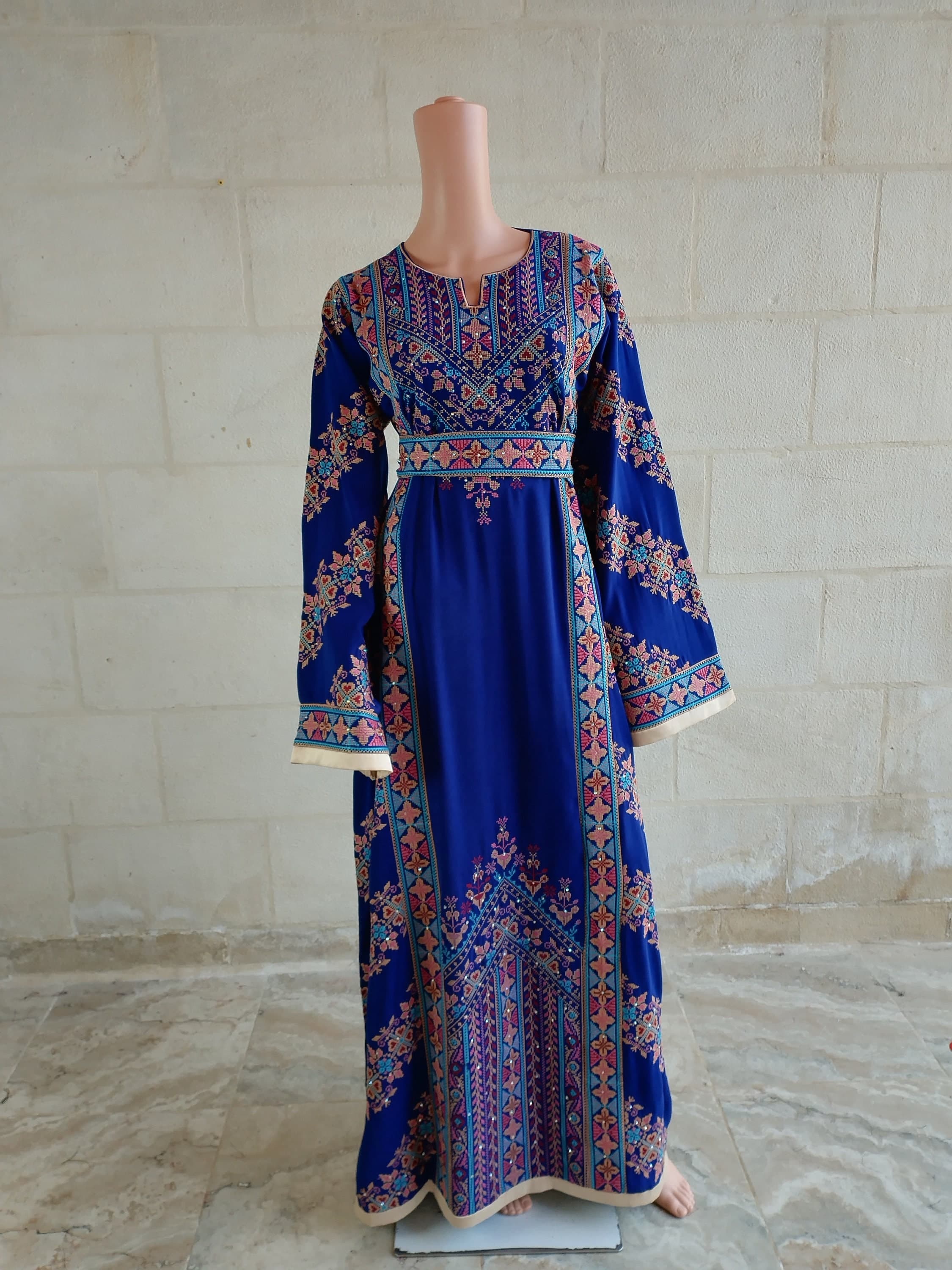 Palestinian Thobe Tatreez Dress Blue and Red Embroidery connect