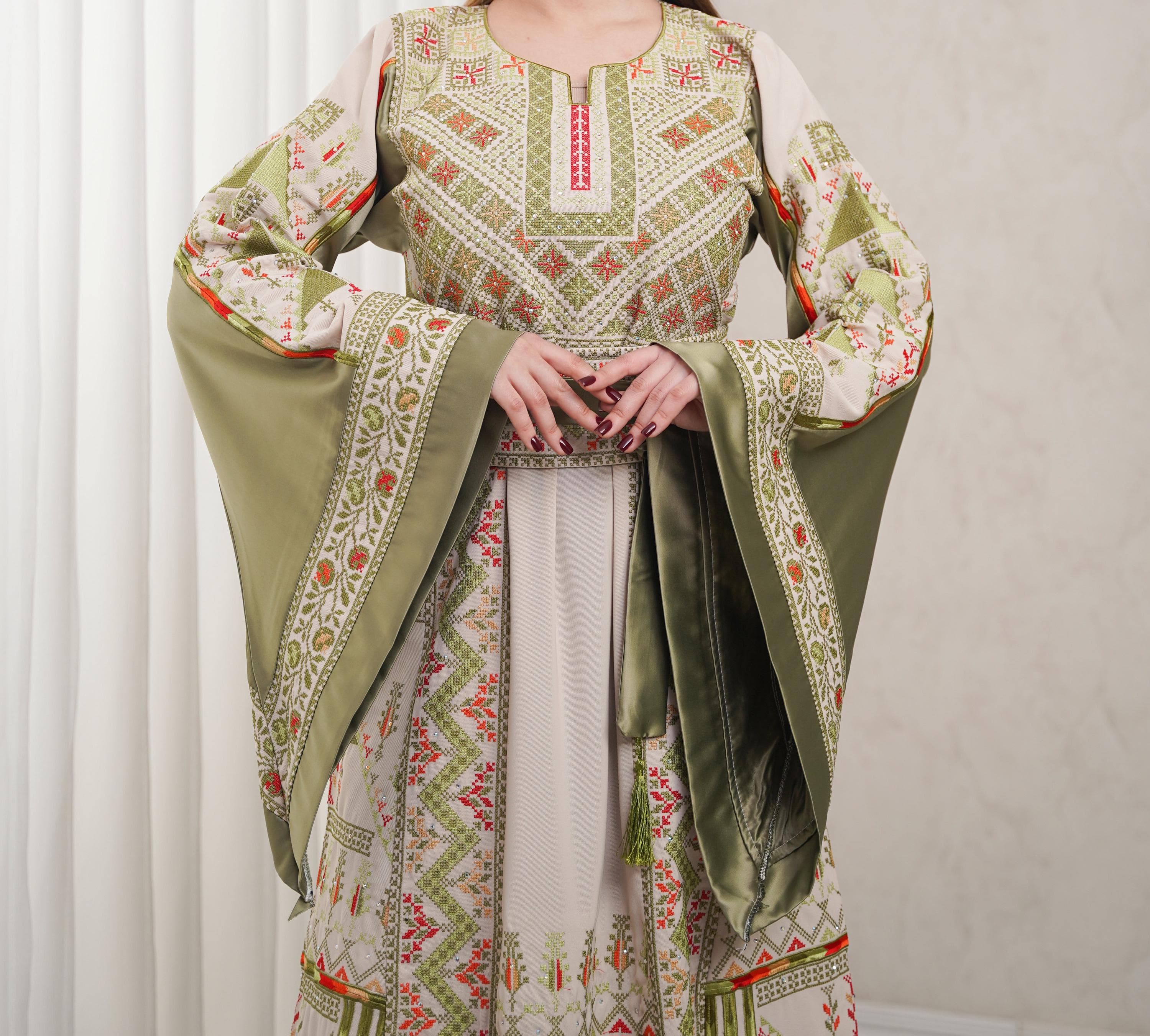 Palestinian Thobe Tatreez Dress Luxury Fellahi Cappuccino and Green Kiwi Satin