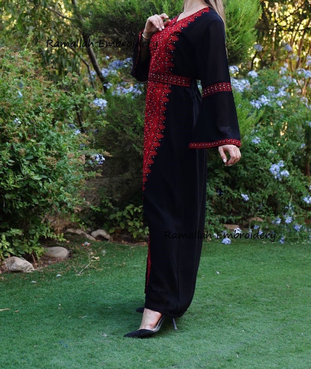 Palestinian Thobe Tatreez  Embroidery Dress Black And Red Yashmak - image 3