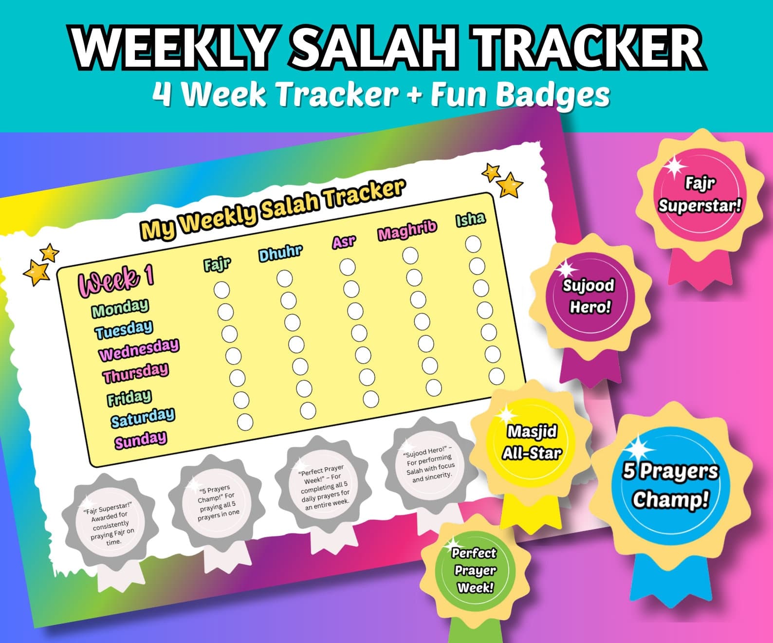Printable Weekly Salah Tracker with Reward Badges, 4 Week Tracker