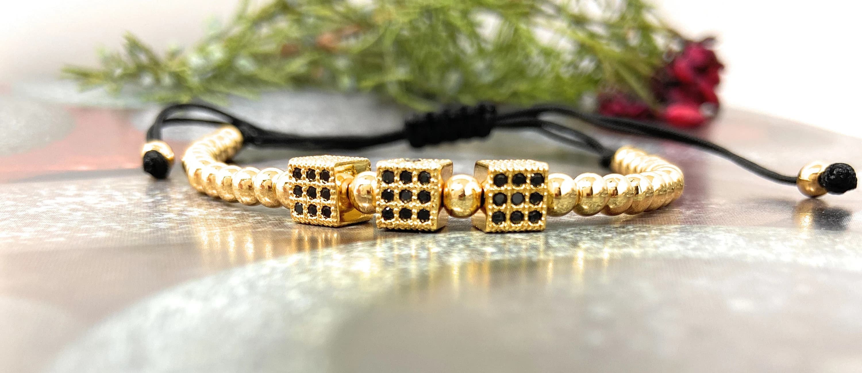 Cubic Zirconia Fashion Men Cube Bracelet | Rose Gold Adjustable Pave Cube Bracelet | 14K Gold Filled Cube Charms | Fathers Day Gift
