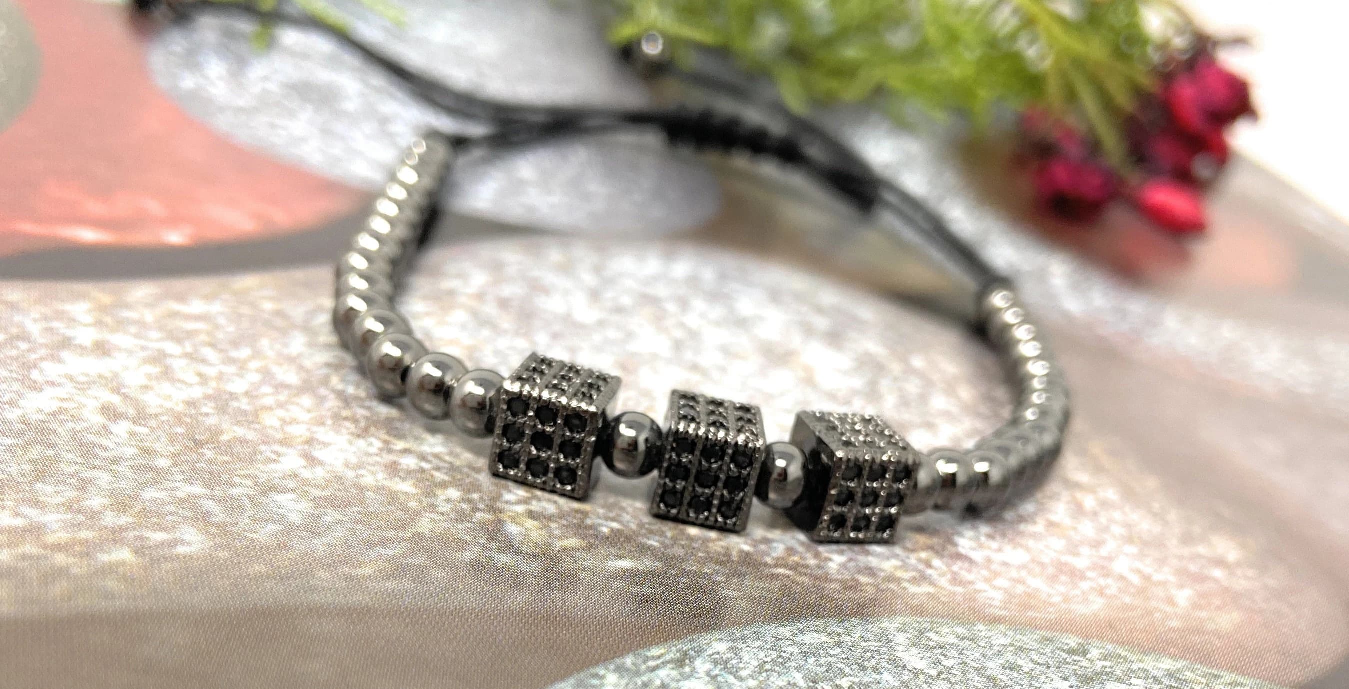 Cubic Zirconia Fashion Men Cube Bracelet | Rose Gold Adjustable Pave Cube Bracelet | 14K Gold Filled Cube Charms | Fathers Day Gift - image 5