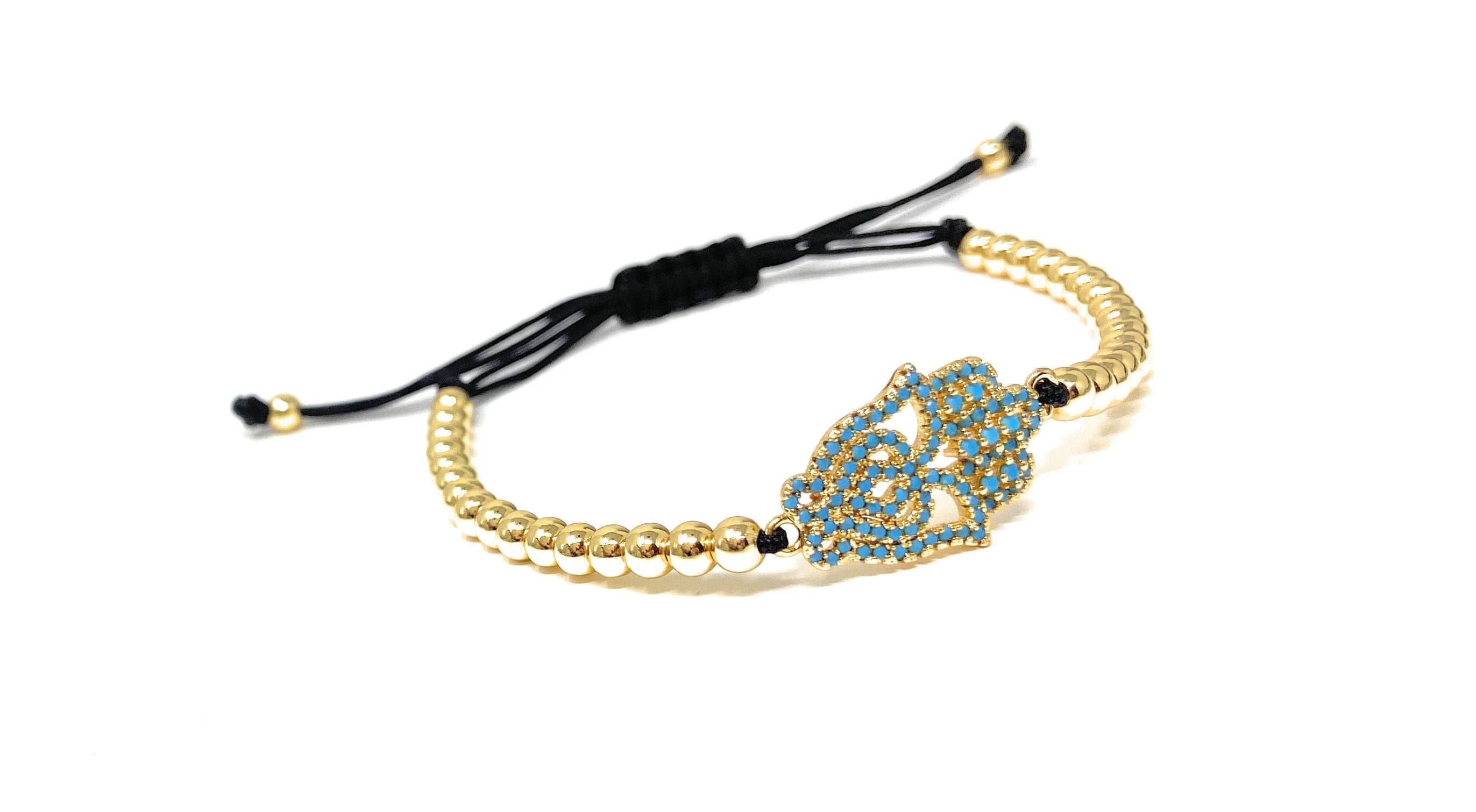 Cubic Zirconia Fashion Hamsa Hand Bracelet | Micro Pave Adjustable Protection Bracelet | 14K Gold Filled Dainty Hamsa Bracelet
