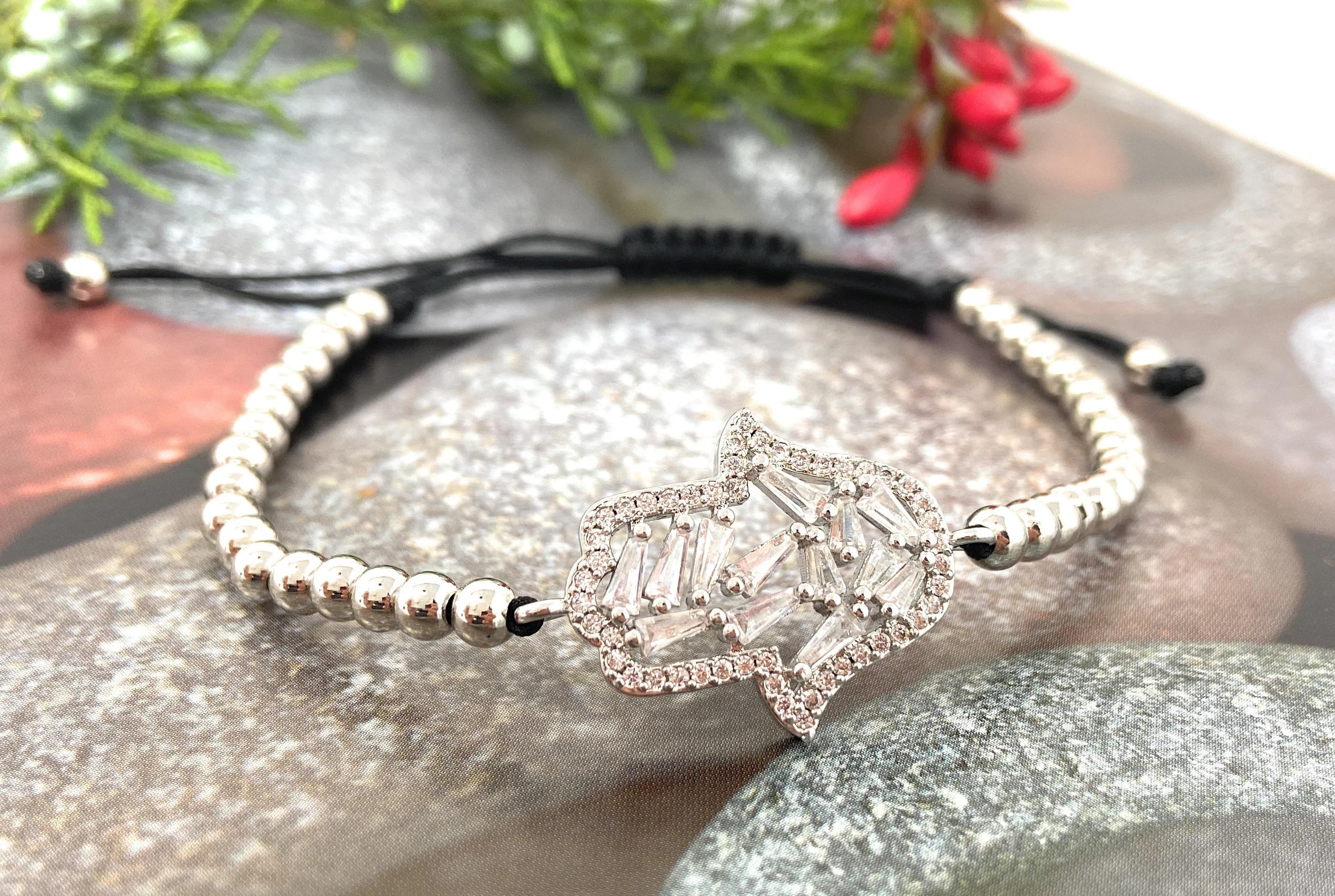 Baguette Zirconia Hamsa Hand Adjustable Bracelet | Gold Plated Protection Hamsa Hand  Bracelet | Large Hamsa HandCharm Bracelet